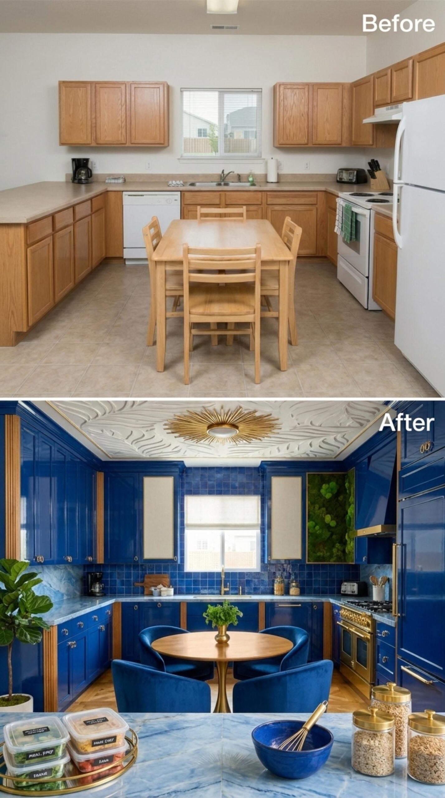 Cobalt Lacquer Cabinets, Gold Hardware, and a Ceiling That Demands Attention