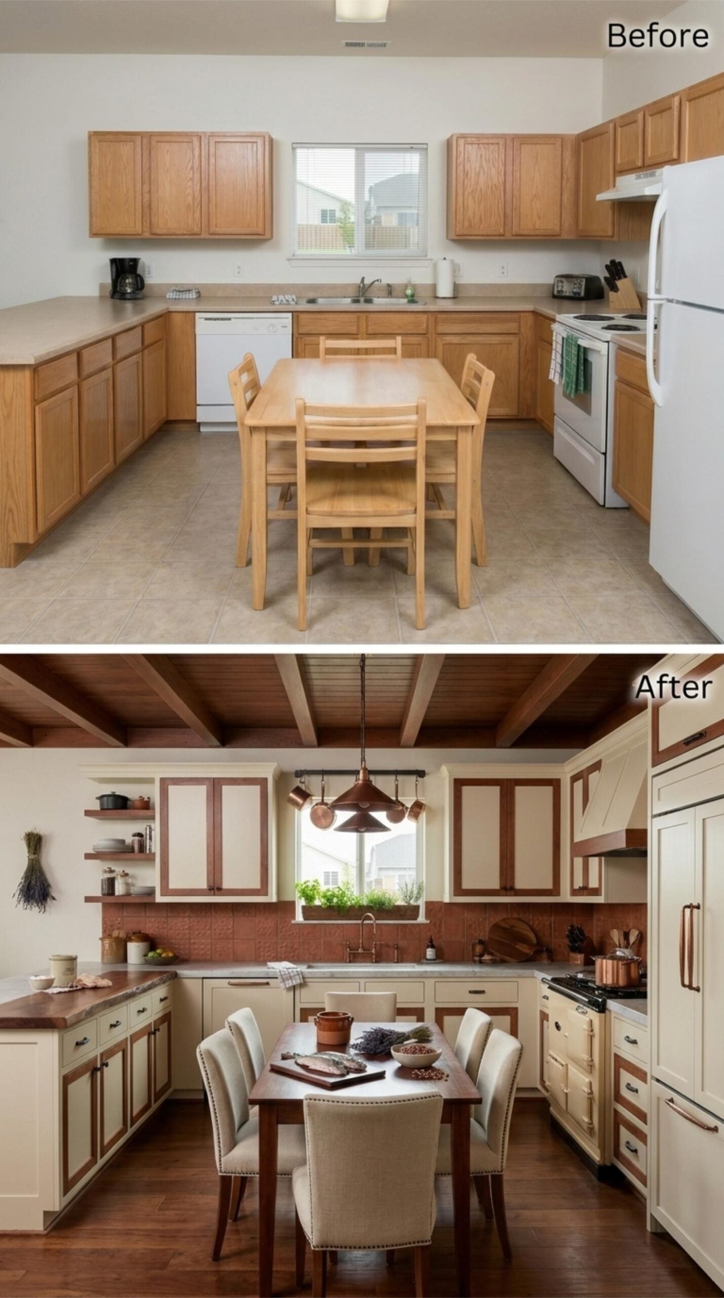 Cream Cabinets with Wood Insets, Terracotta Tile, and Exposed Beams That Pull Everything Down to Earth