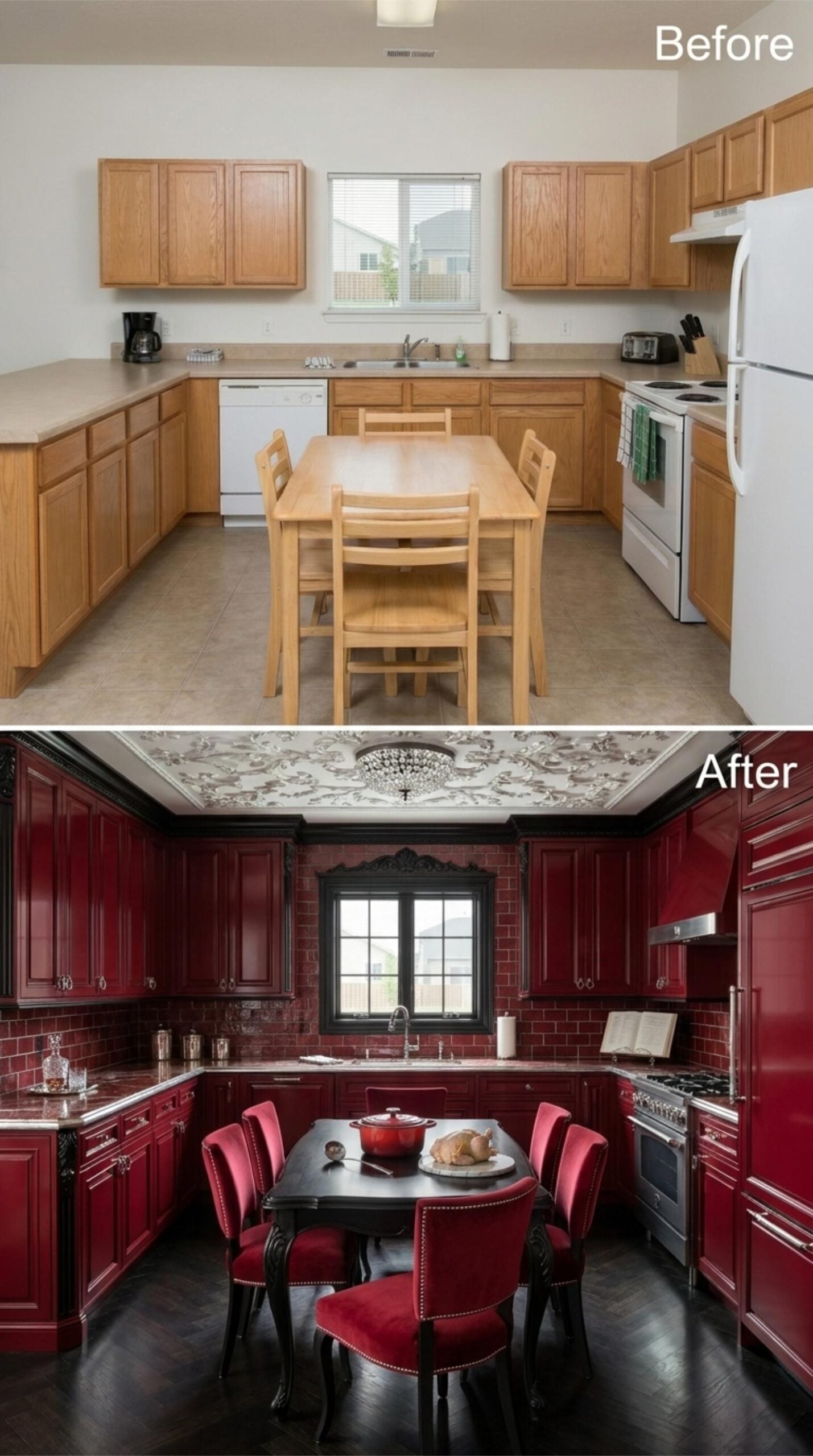 Crimson Lacquer Cabinets and a Wallpapered Ceiling Built for Someone Who Cooks with Conviction