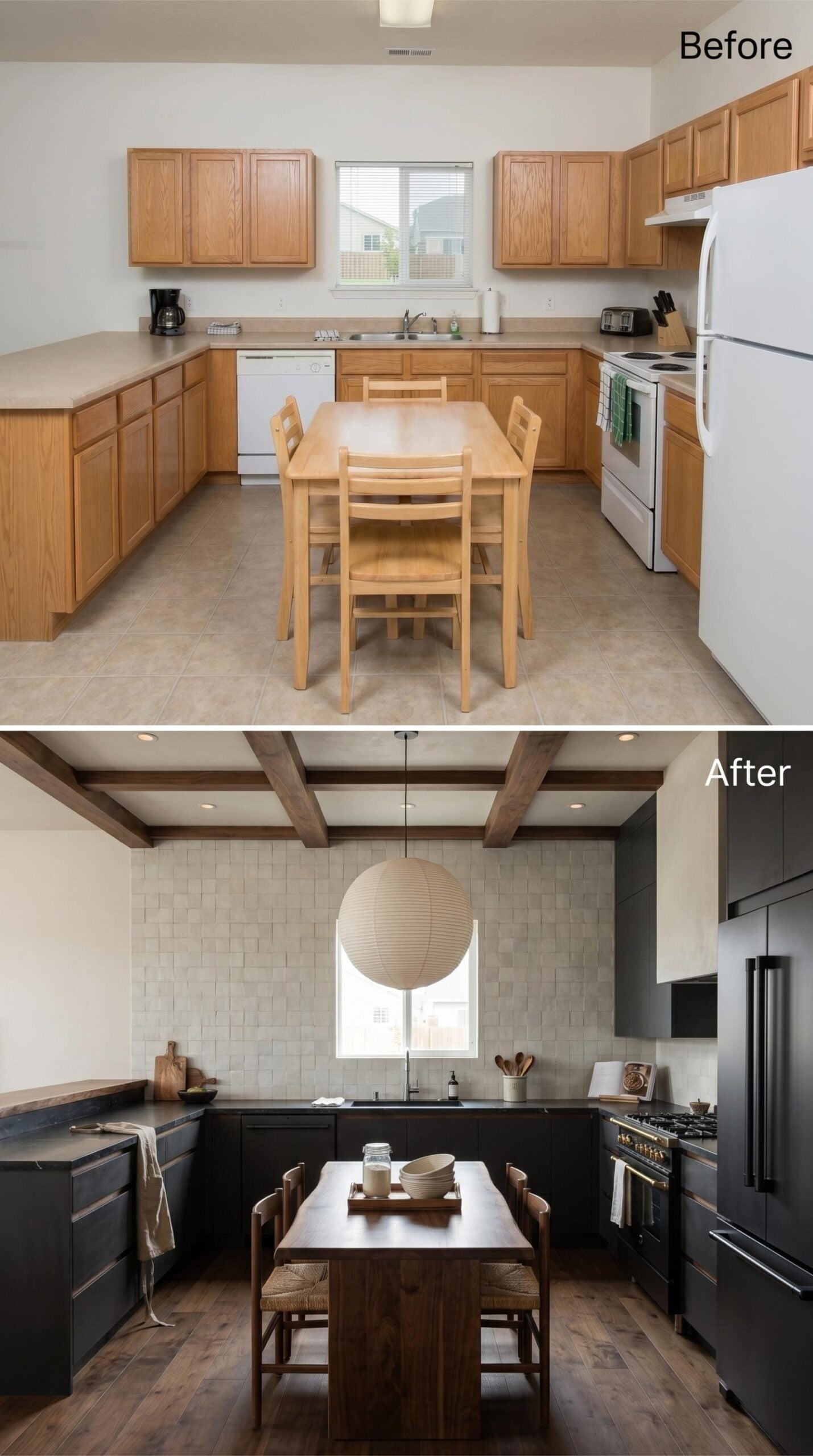 Dark Cabinets, Exposed Beams, and a Pendant Light That Changes Everything