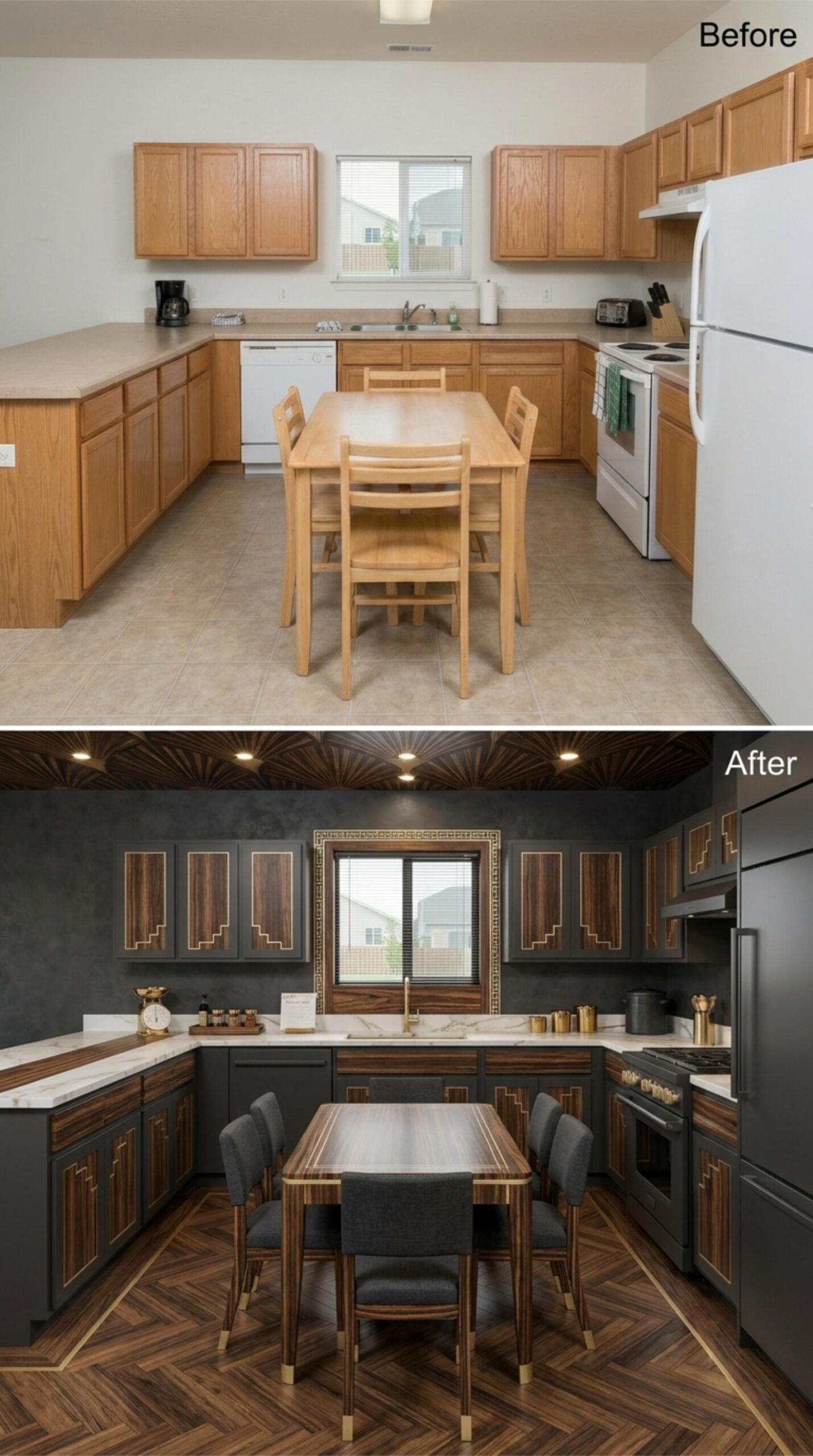 Dark Walnut Insets, Gold Trim Lines, and a Patterned Ceiling That Earns the Drama