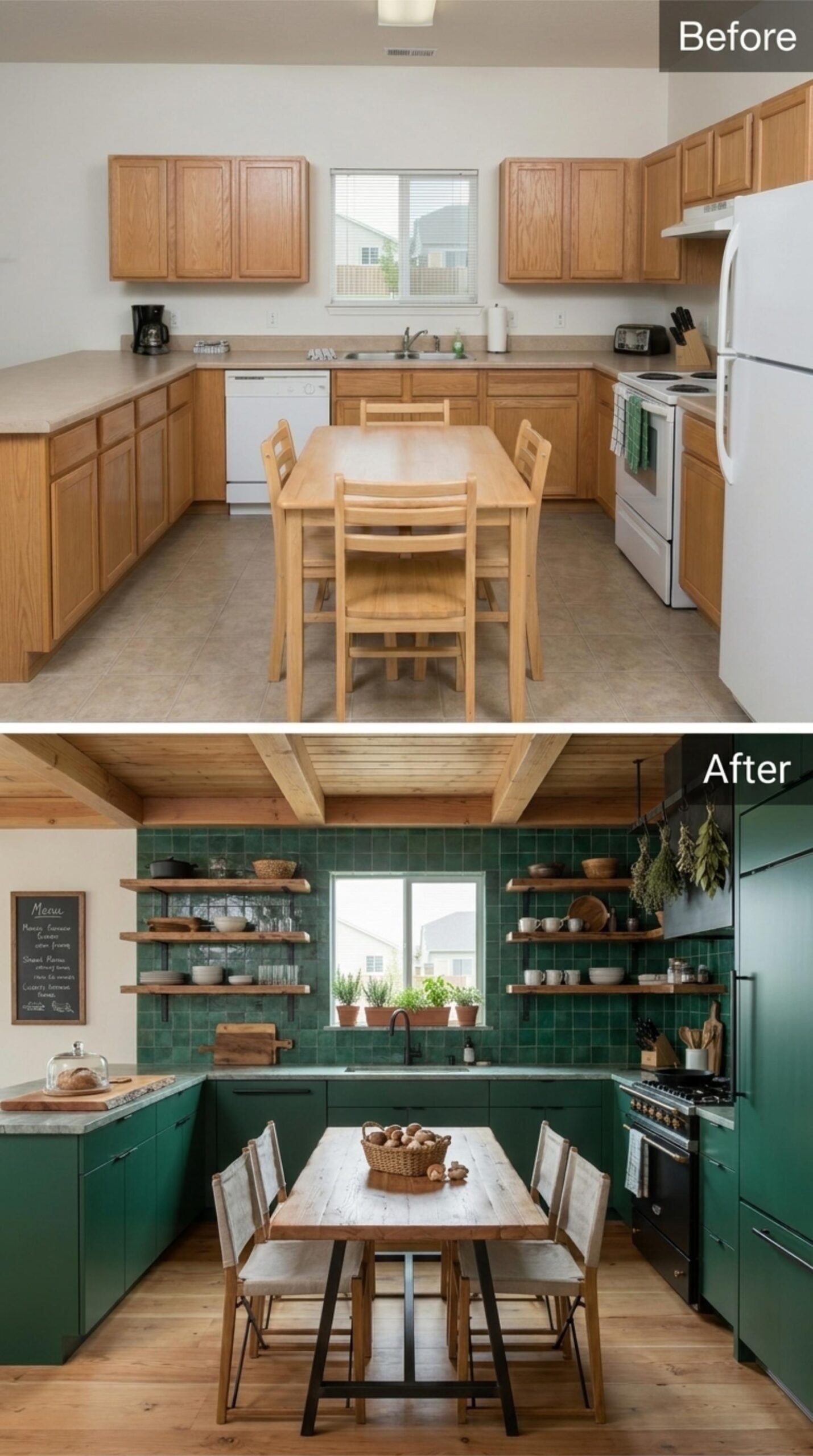 Deep Green Tile, Open Shelves, and a Ceiling That Finally Does Something