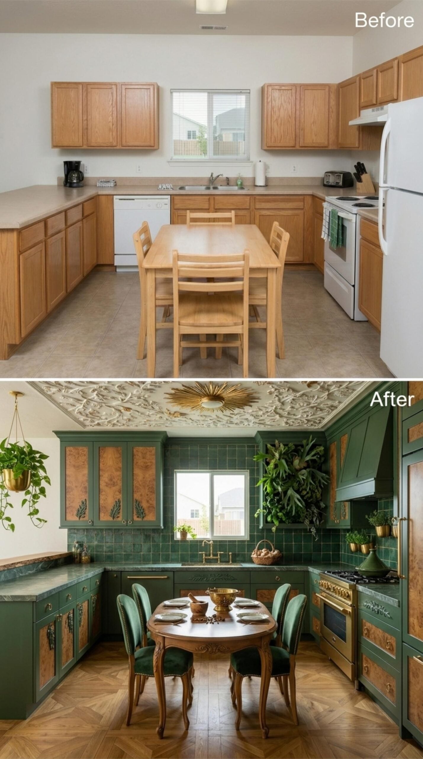 Forest Green Cabinets, Burl Insets, and a Plaster Ceiling That Earns Every Glance