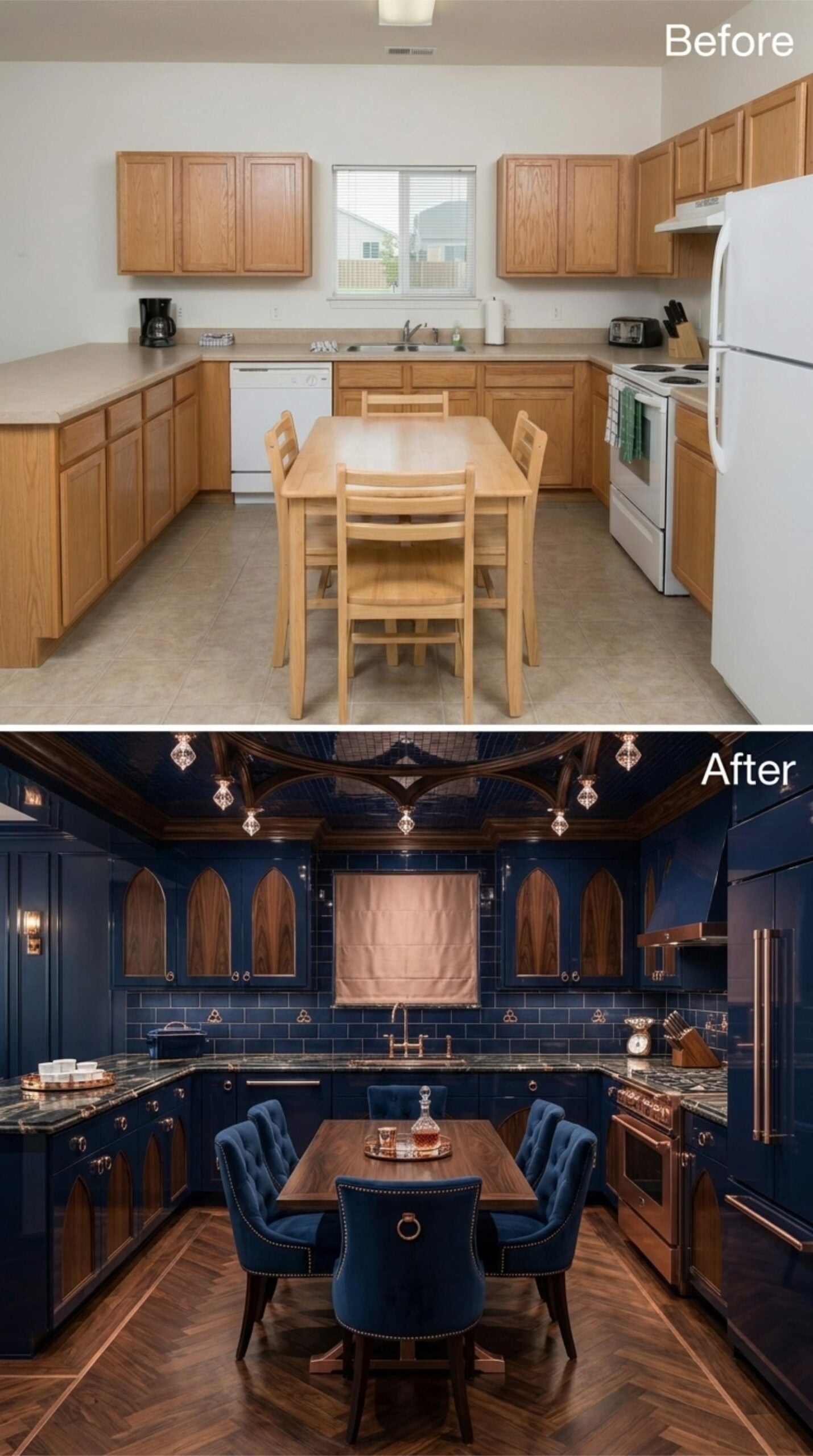 Midnight Blue Lacquer, Gothic Arches, and Copper That Earns Every Square Inch