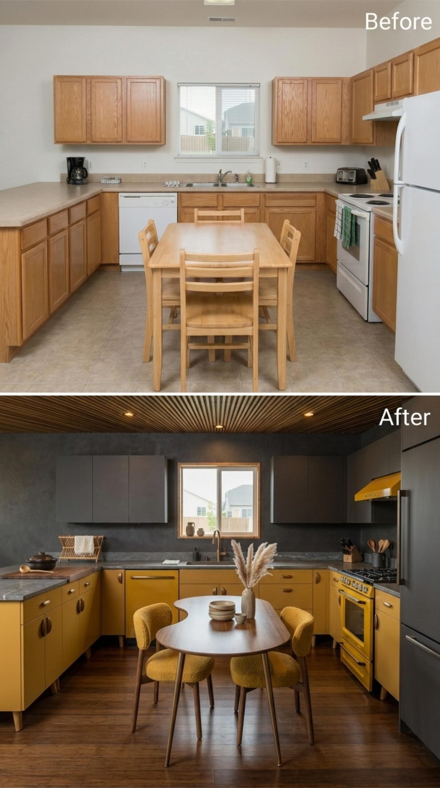 Mustard Cabinets, Graphite Walls, and a Slatted Ceiling That Earns Its Place
