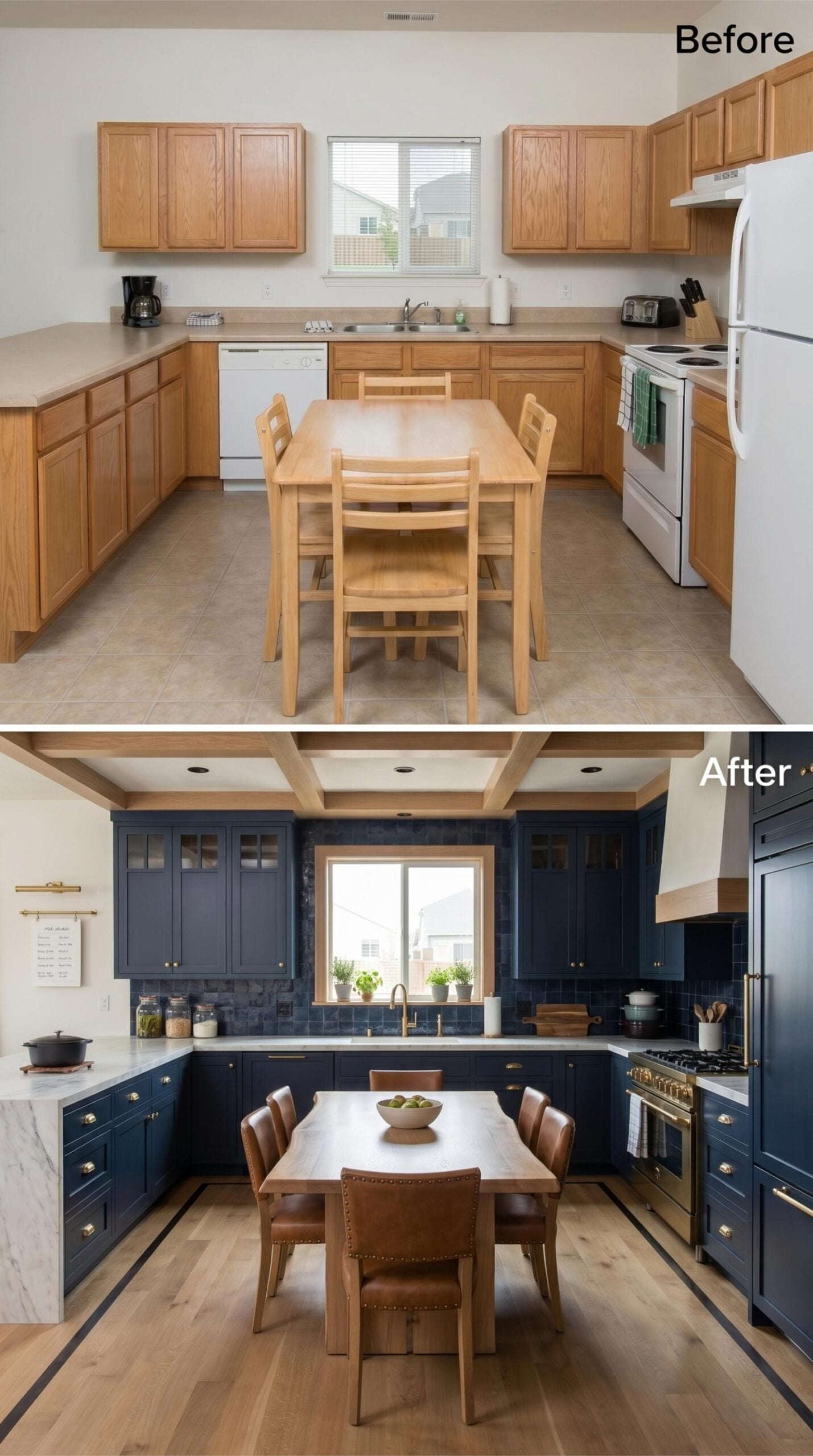 Navy Blue Shaker Cabinets With Brass Hardware Are Doing the Heavy Lifting Here