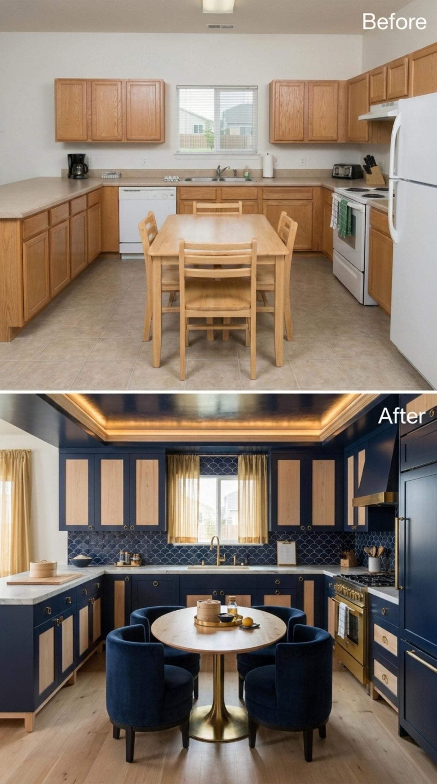Navy Cabinets with Wood Insets and a Tray Ceiling That Pulls the Room Together