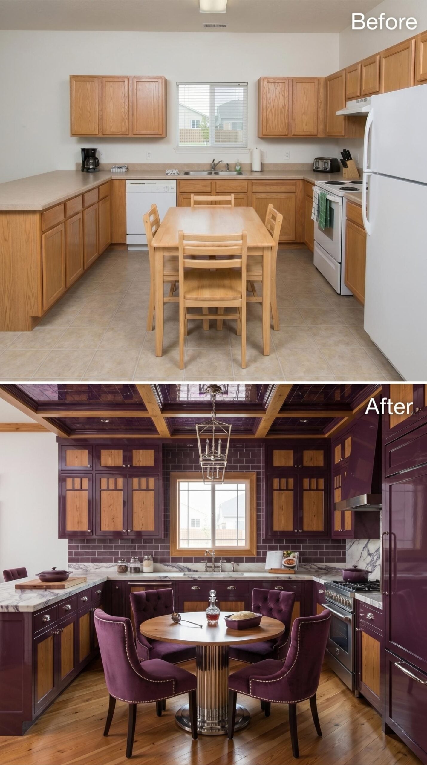 Plum Lacquer Cabinets, Wood Insets, and a Coffered Ceiling That Commands the Room