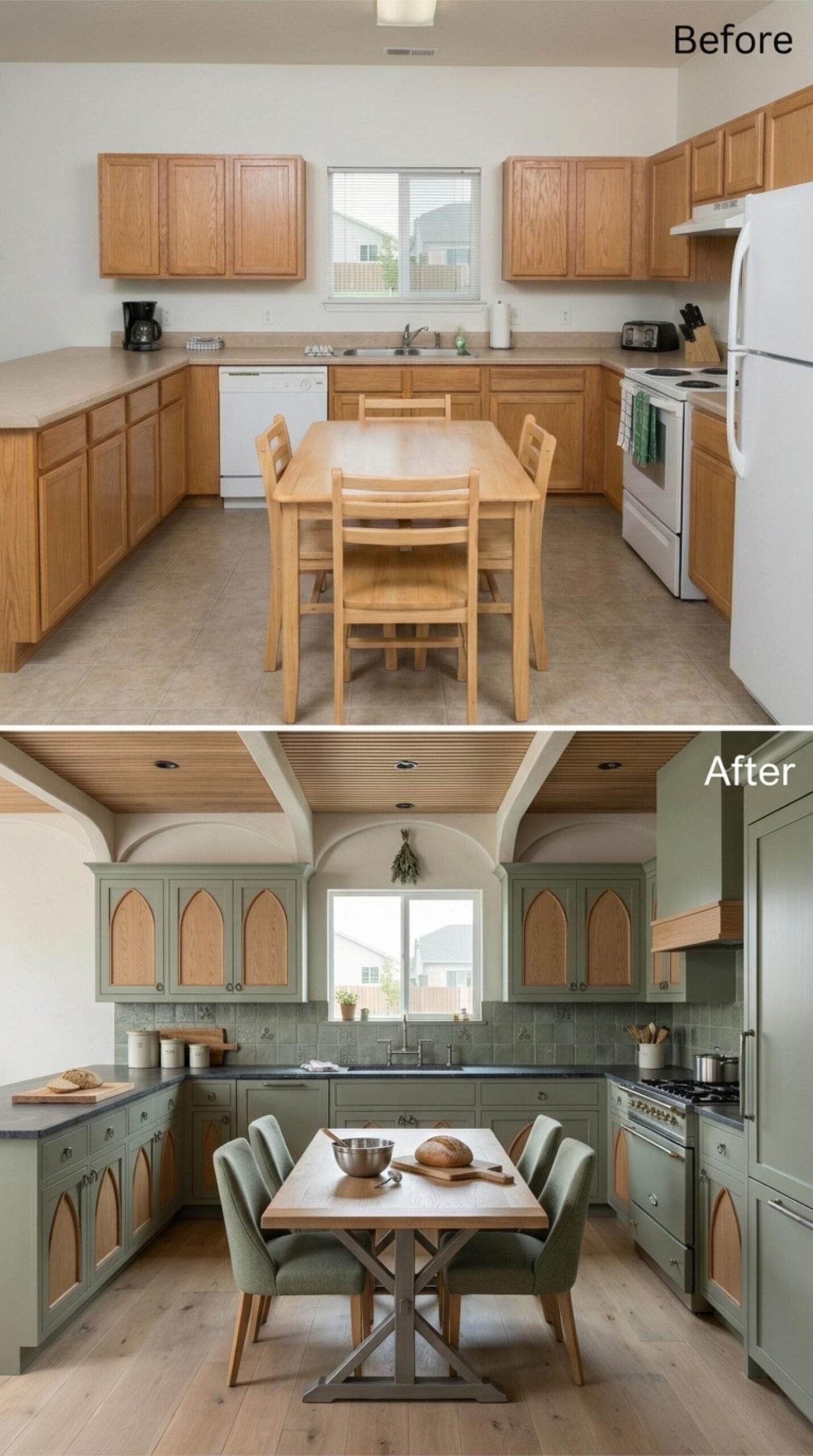 Sage Green Cabinets, Gothic Arch Insets, and a Beadboard Ceiling That Means Business
