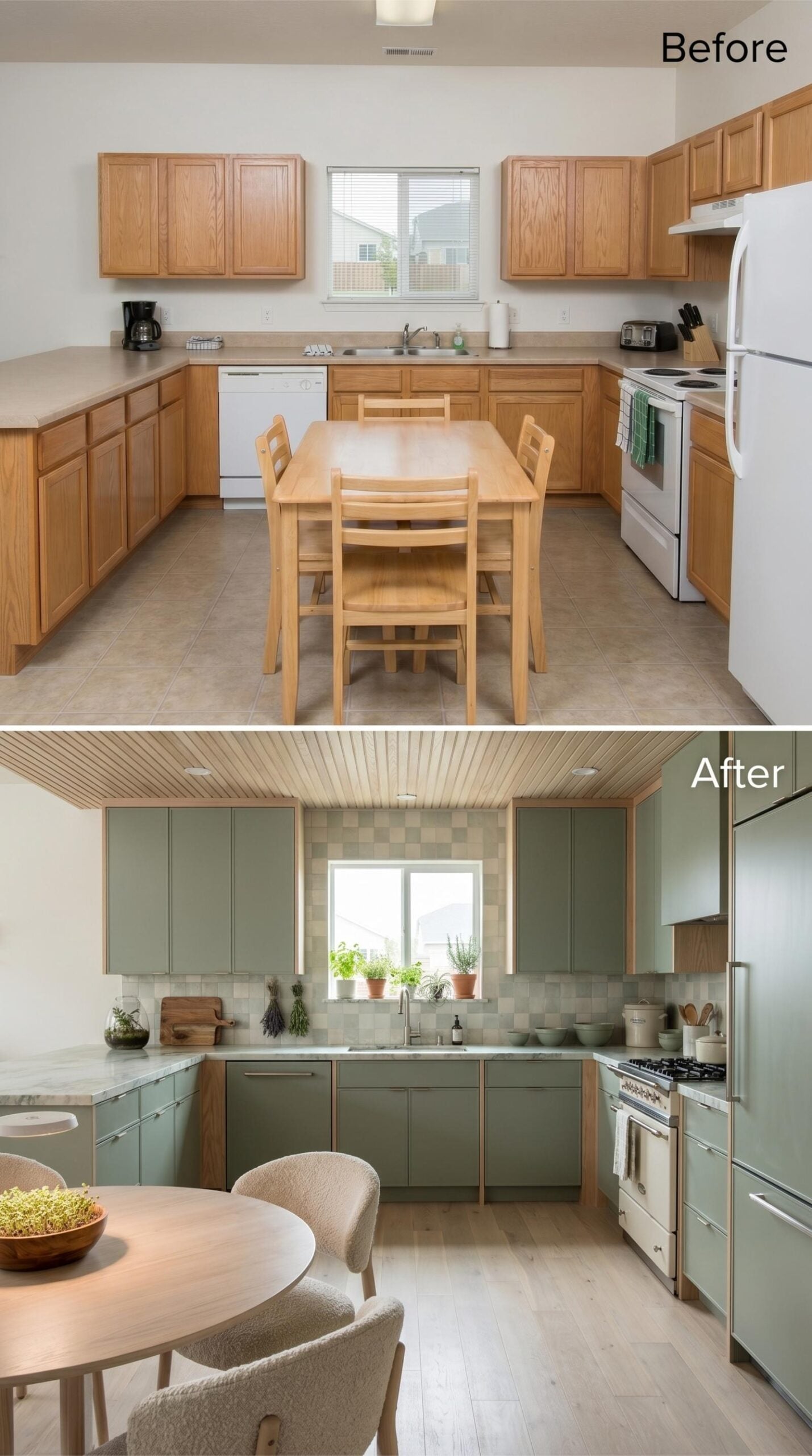 Sage Green Flat-Fronts and Marble Counters Built for the Long Haul