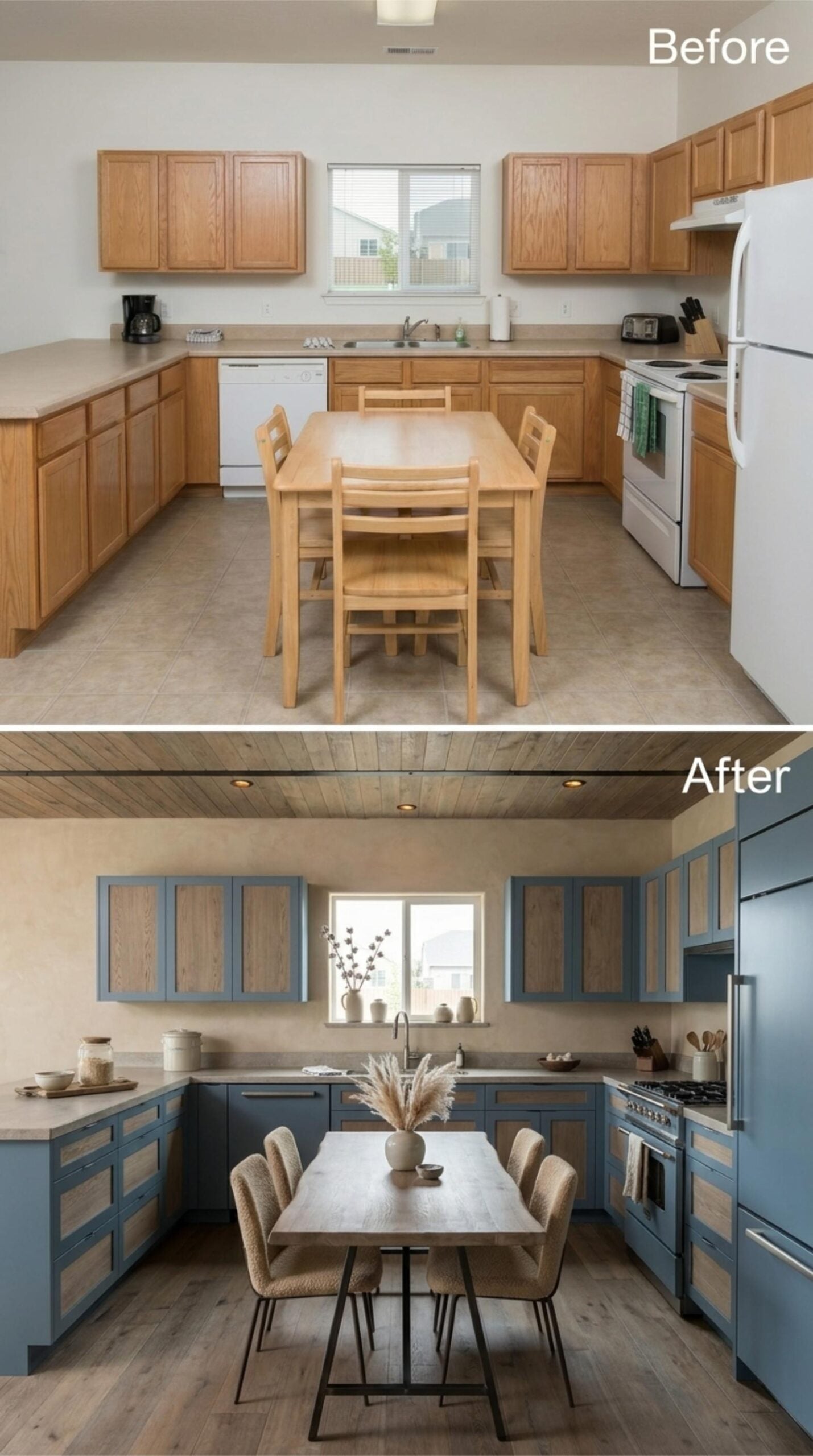 Slate Blue Cabinets, Wood Insets, and a Plank Ceiling That Actually Does the Work