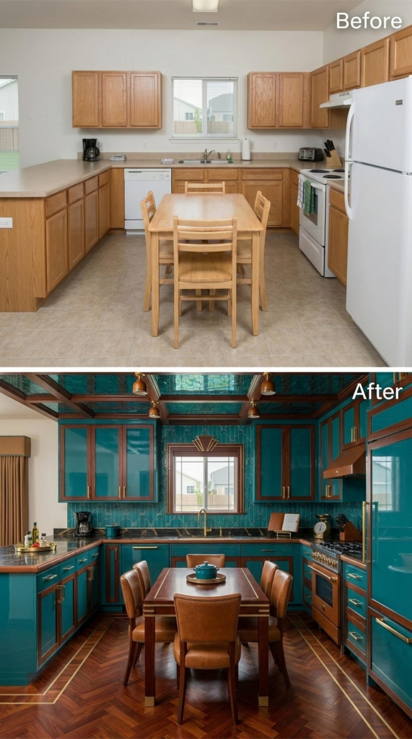 Teal Lacquer Cabinets, Brass Hardware, and a Ceiling That Commits Completely