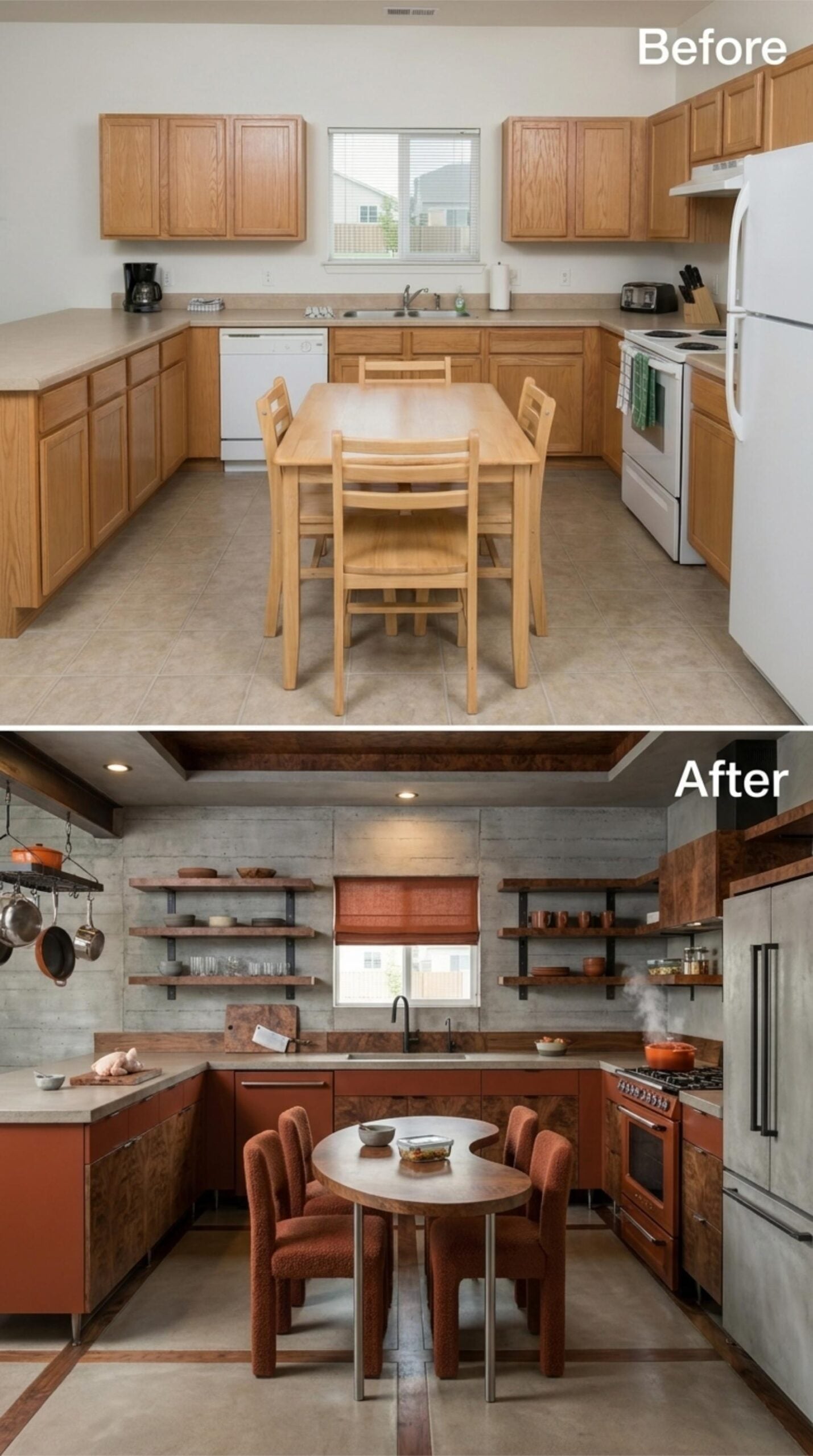 Terracotta Cabinets, Concrete Walls, and Open Shelving That Actually Earns the Wall Space