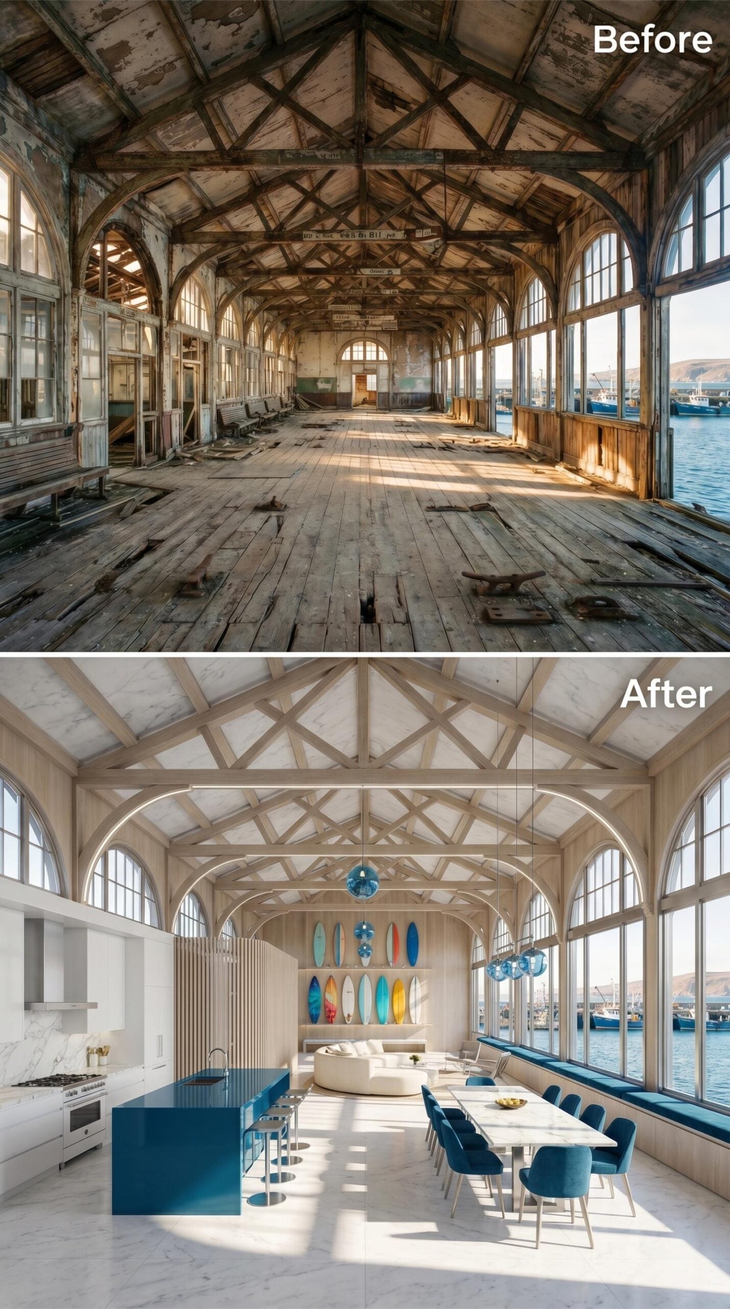 Bleached Trusses, a Teal Island, and Surfboards Hung Like Art