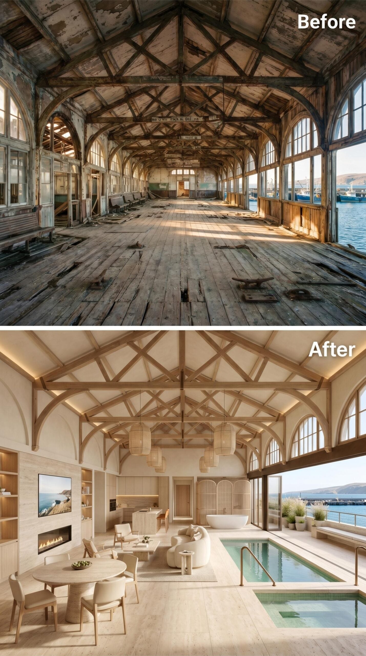 Bleached Trusses, an Indoor Pool, and a Fireplace Facing the Harbor