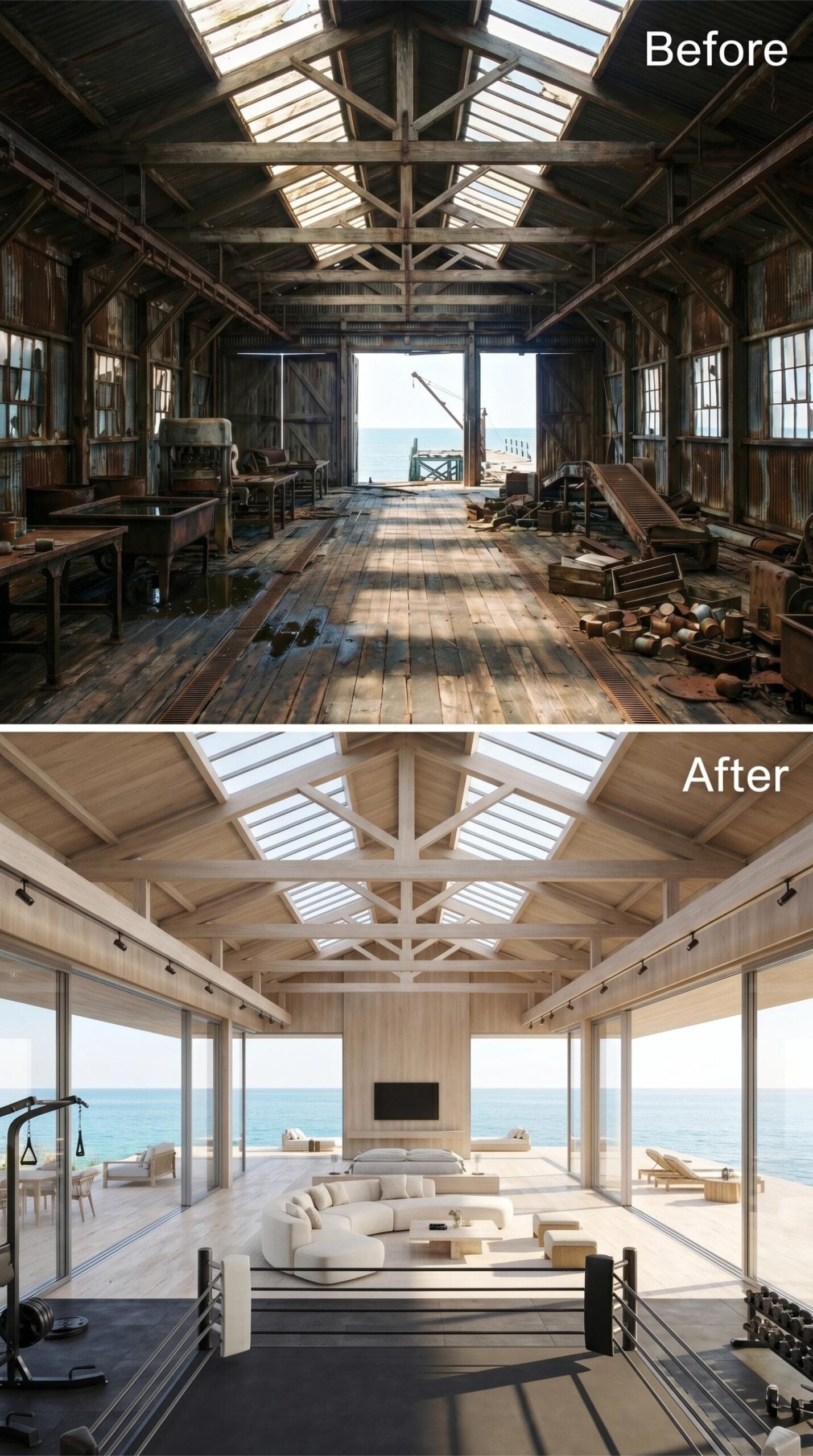 Bleached Trusses, Ocean Glass, and a Sunken Living Room Where the Cannery Floor Held