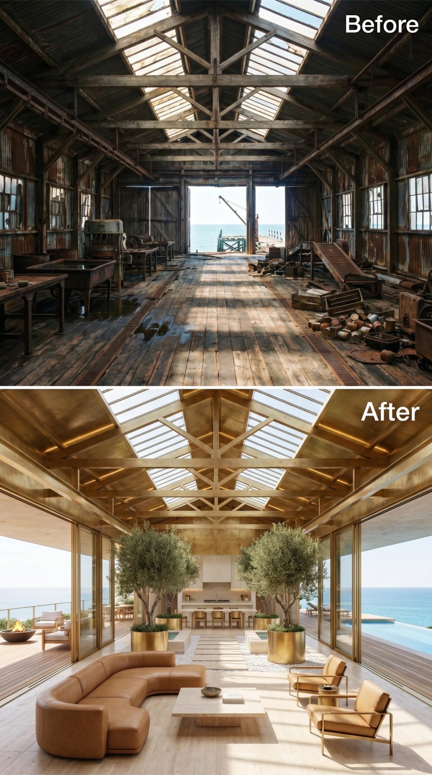 Brass Trusses, Olive Trees, and Ocean Light Where the Cannery Stood