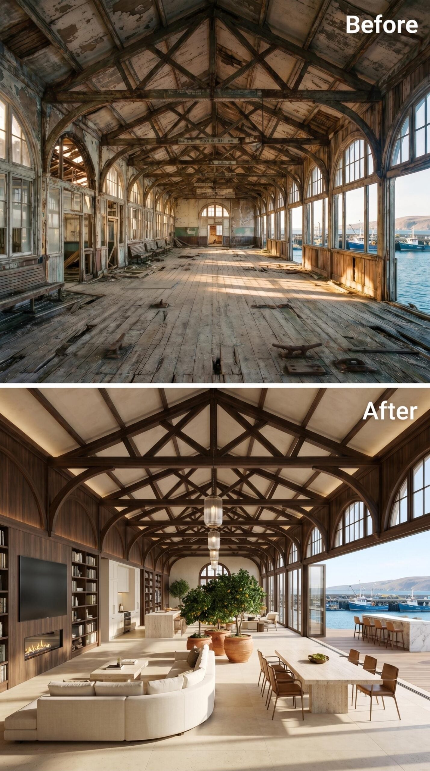 Citrus Trees, Curved Sofas, and Trusses Lit From Within Over a Harbor Hall