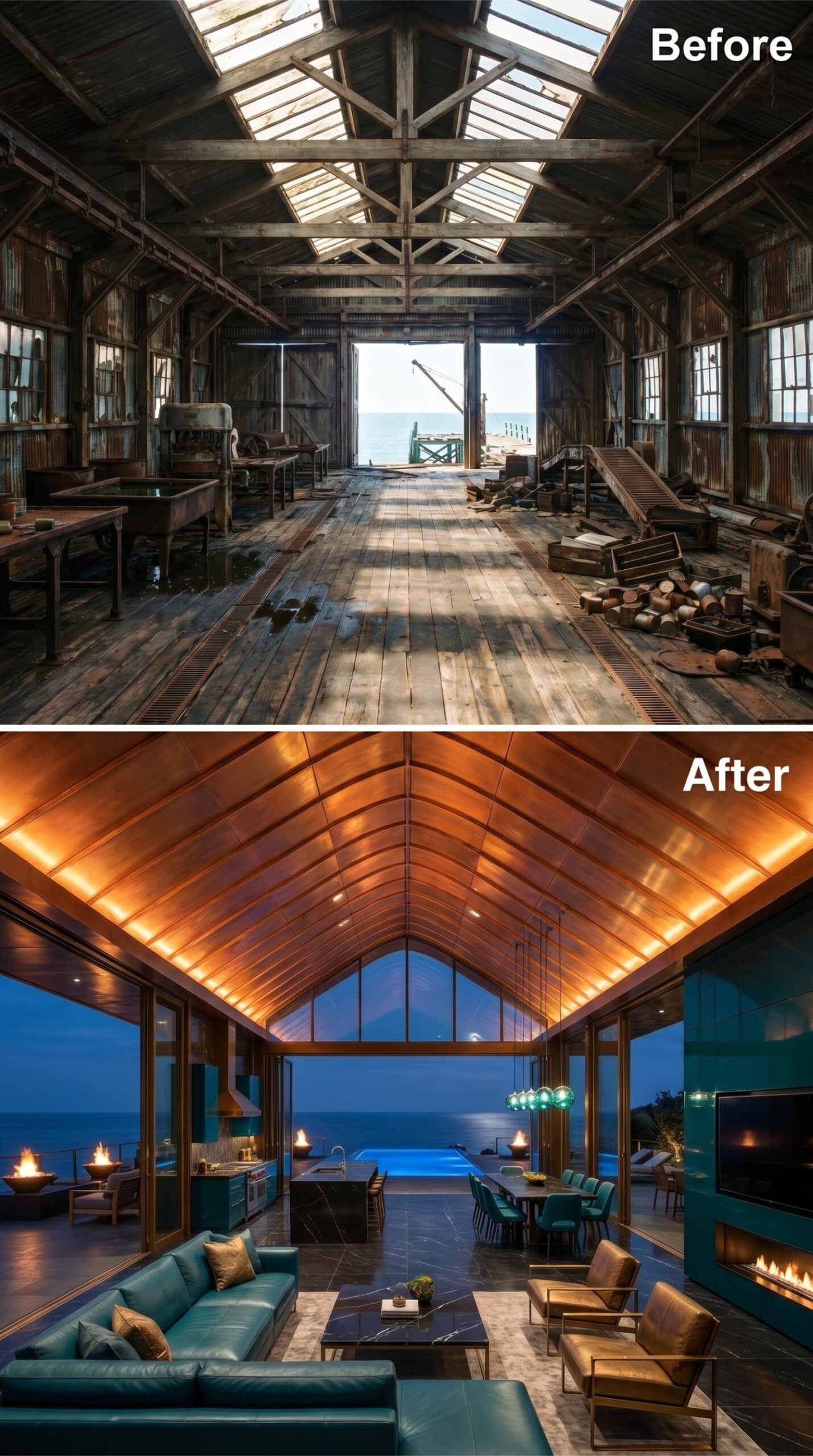 Copper Vault, Teal Leather, and Ocean Glass Where the Cannery Opened to the Sea