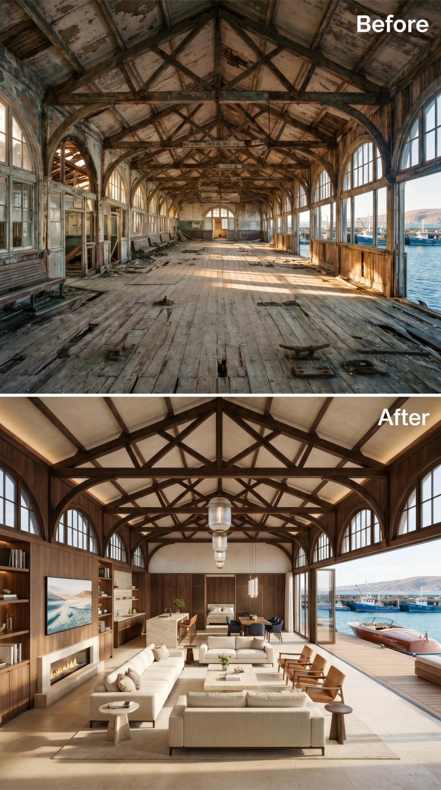 Cream Linen Sofas, Dark Walnut Trusses, and Harbor Light Doing All the Work