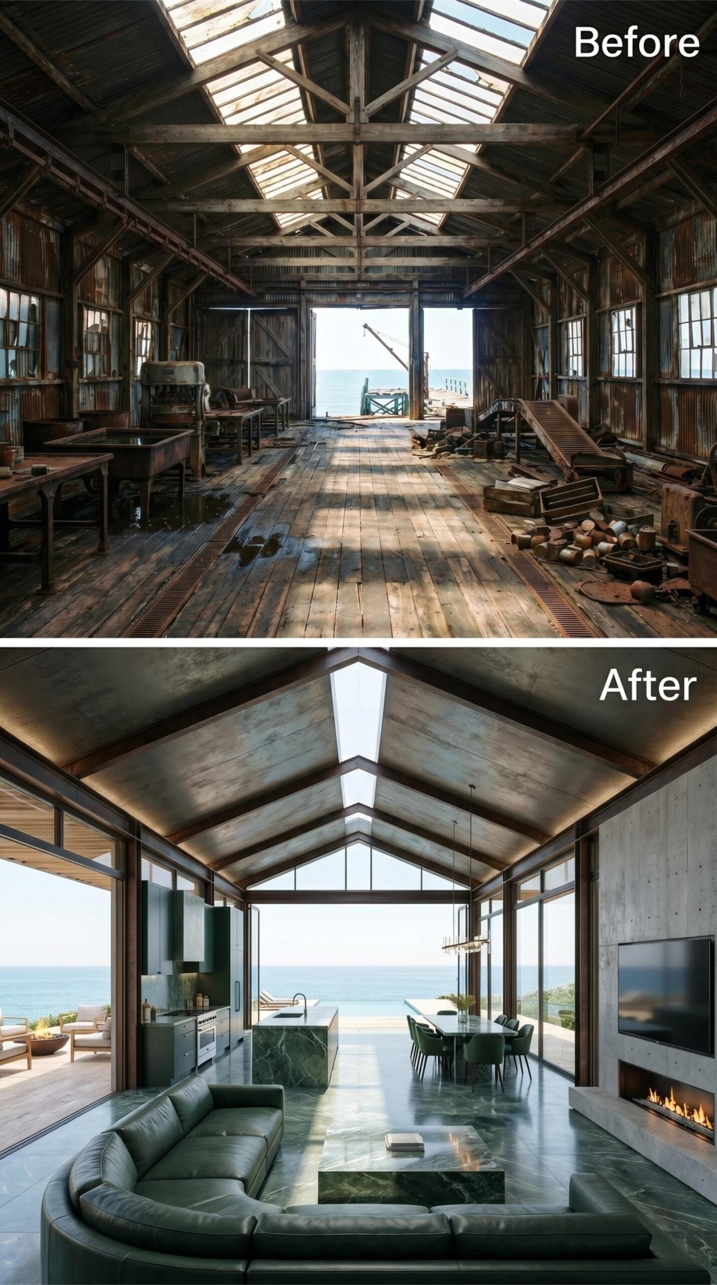 Dark Steel, Green Marble, and Skylit Vaulted Ceilings Over an Ocean-Facing Living Room