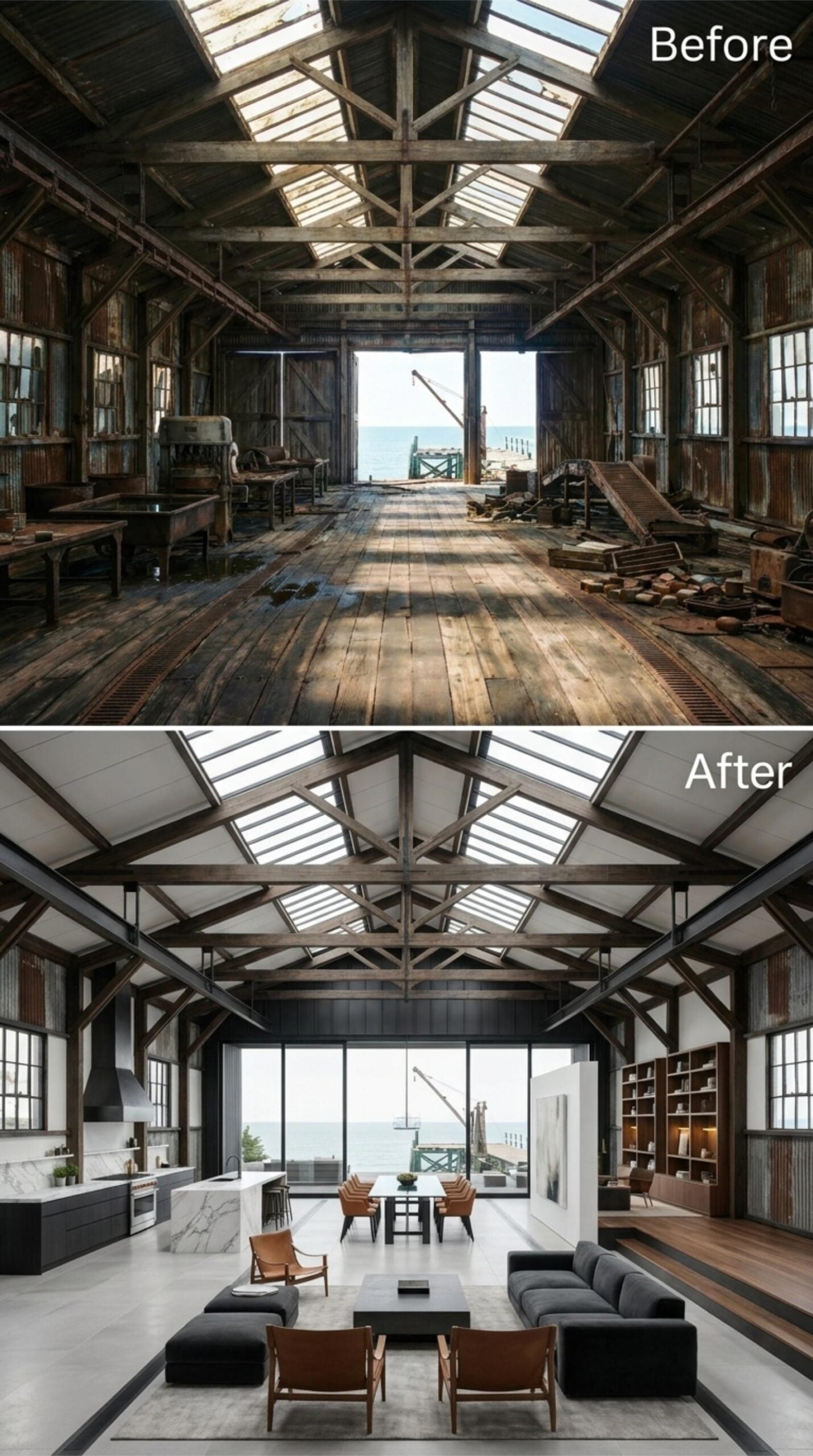 Dark Trusses, Marble Island, and Floor-to-Ceiling Ocean Glass Over a Cannery Living Room