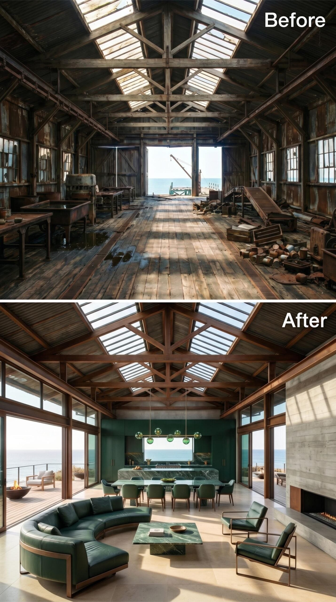 Emerald Leather, Green Marble, and Skylit Trusses on the Waterfront