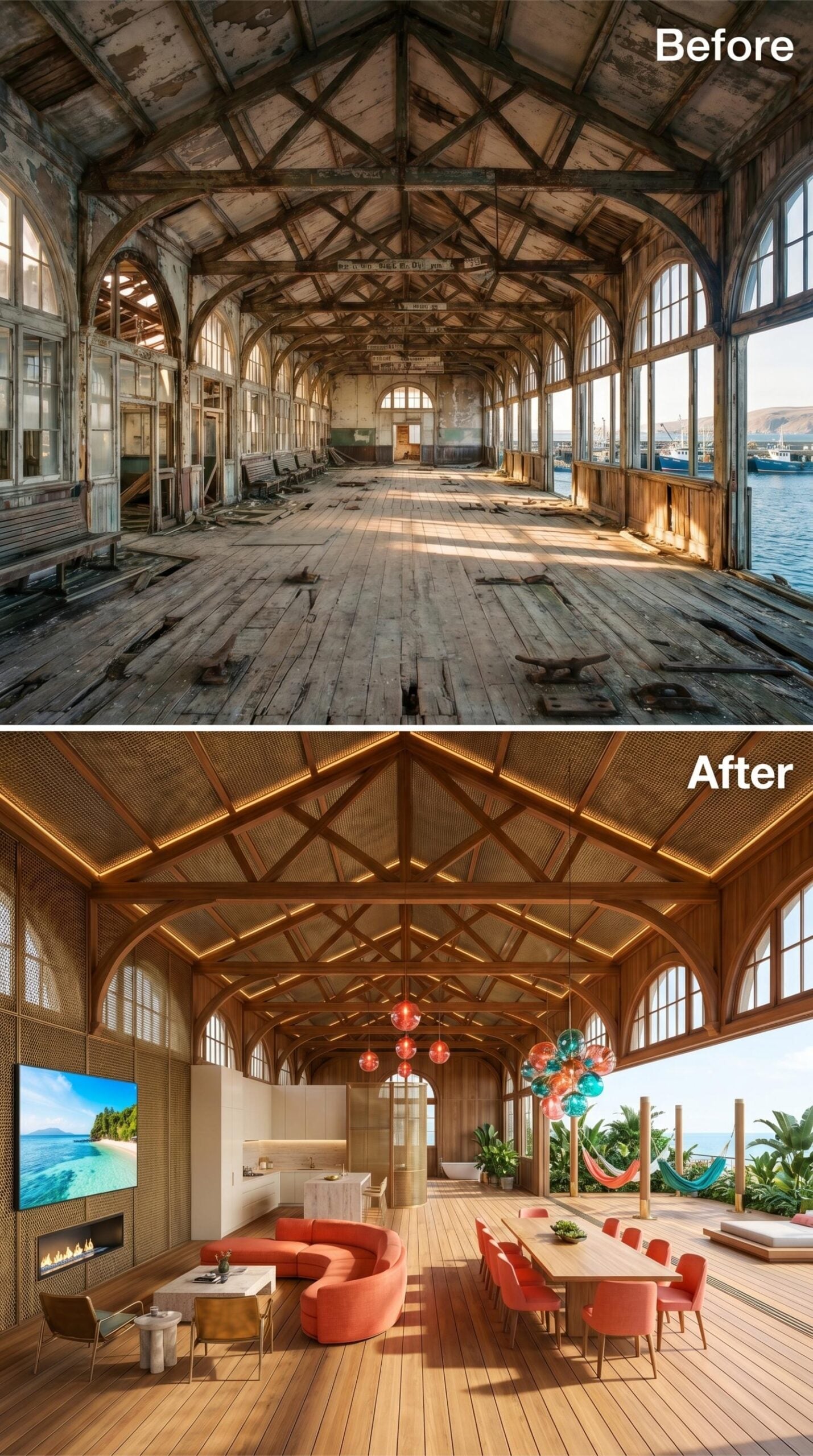 Exposed Timber Trusses Get LED Strip Lighting and a Coral Seating Moment