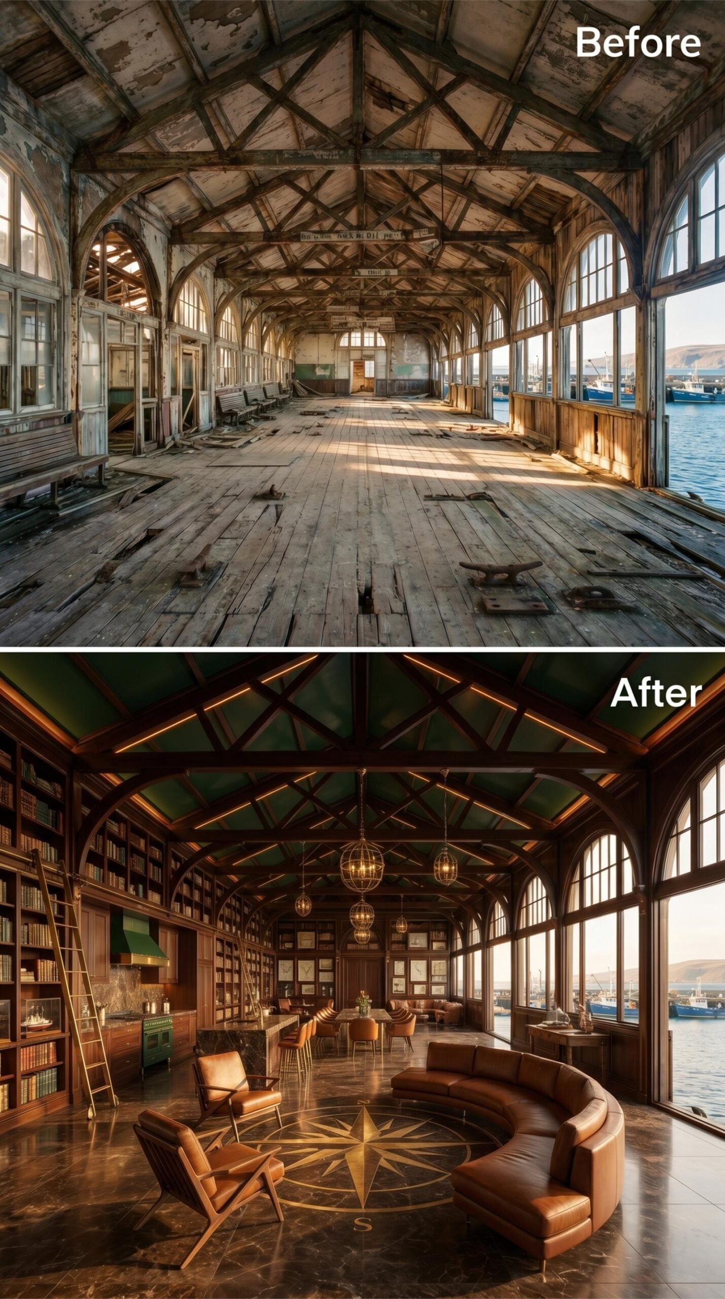 Floor Compass, Leather Curves, and a Library That Runs the Full Length of the Hall