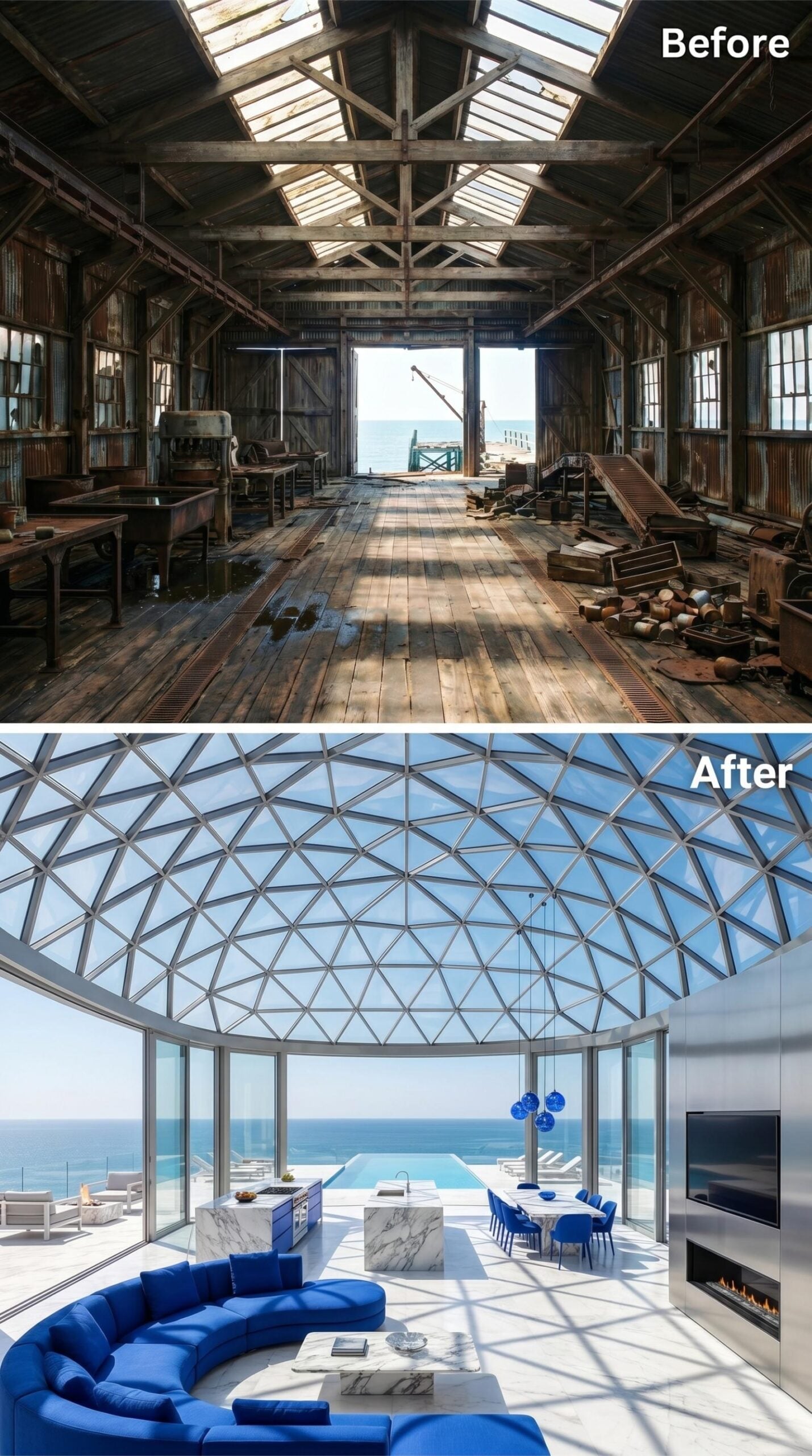 Geodesic Glass Dome, Royal Blue Velvet, and Ocean Views Where the Cannery Ceiling Once Rotted