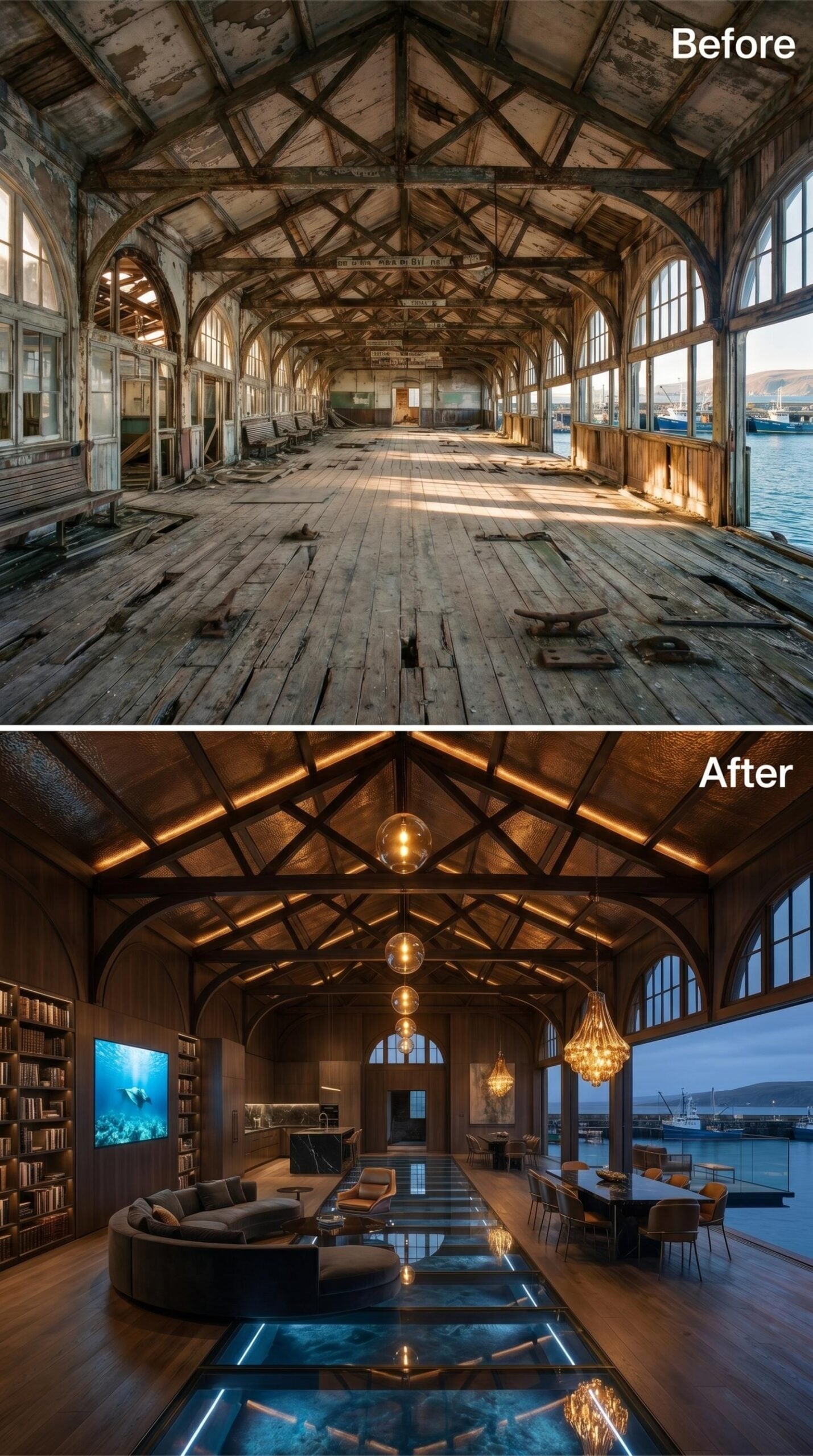 Glass Floor, Chandelier Light, and a Library Wall Running Toward the Harbor