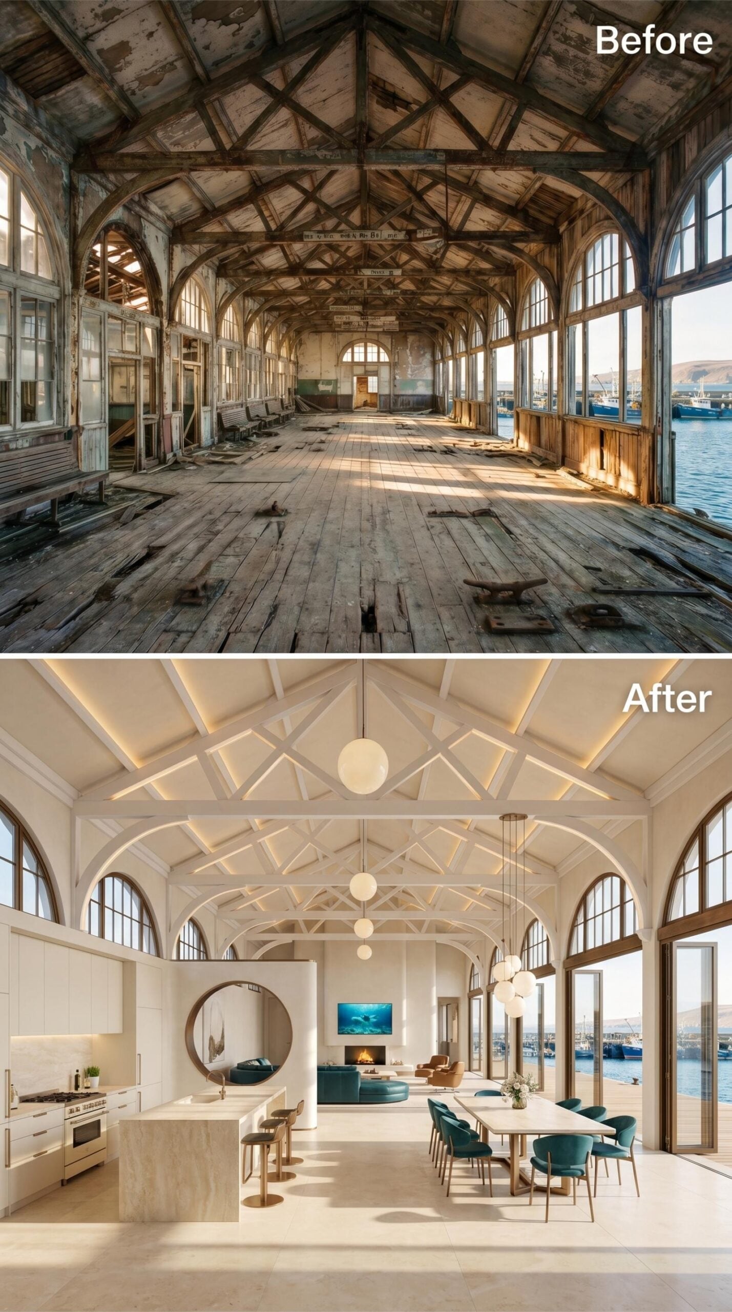Globe Pendants, Teal Velvet Chairs, and a Vaulted Harbor Hall Kept Almost White