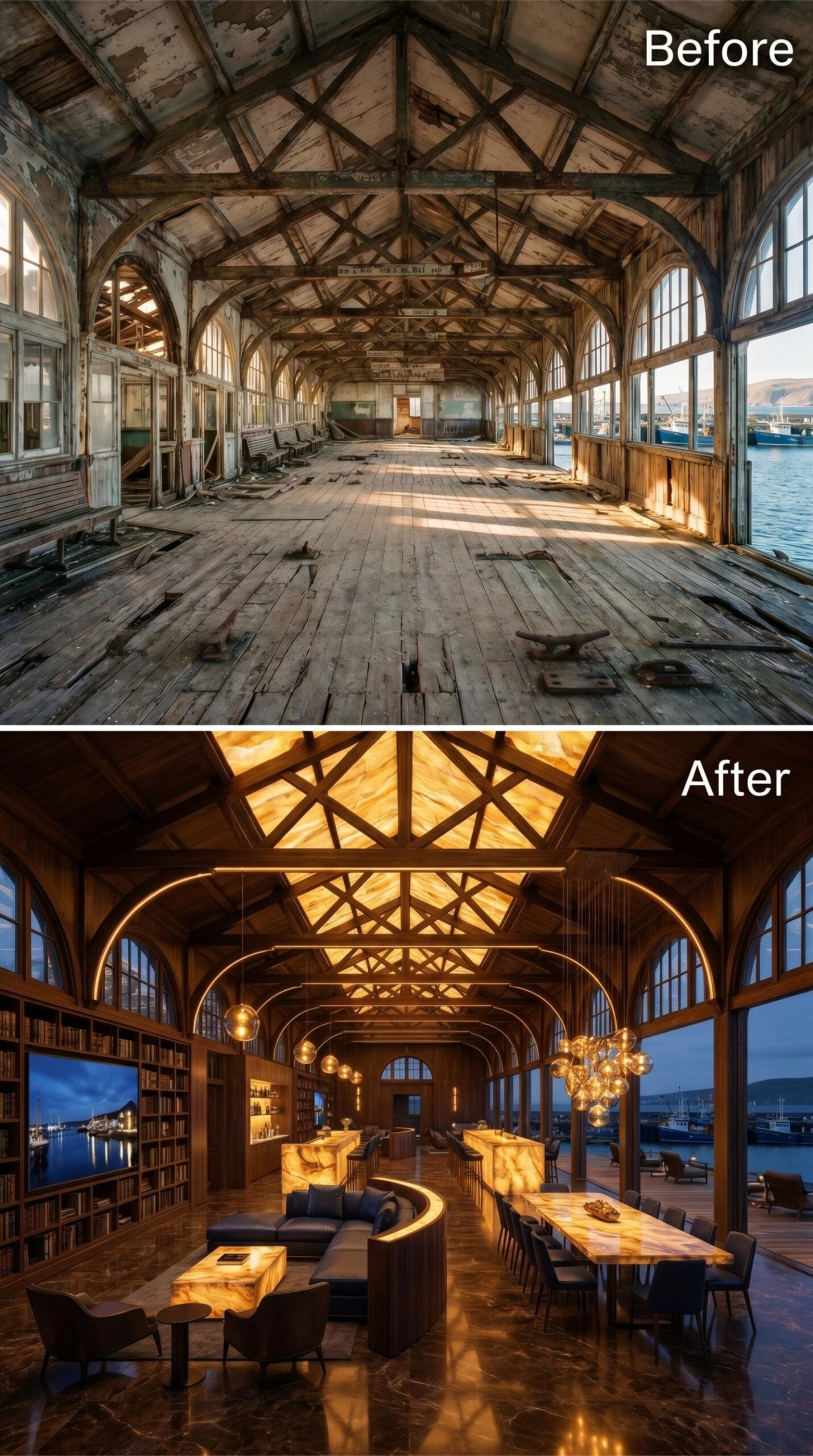 Glowing Onyx Tables, a Library Wall, and Pendant Clusters Over a Harbor-View Hall