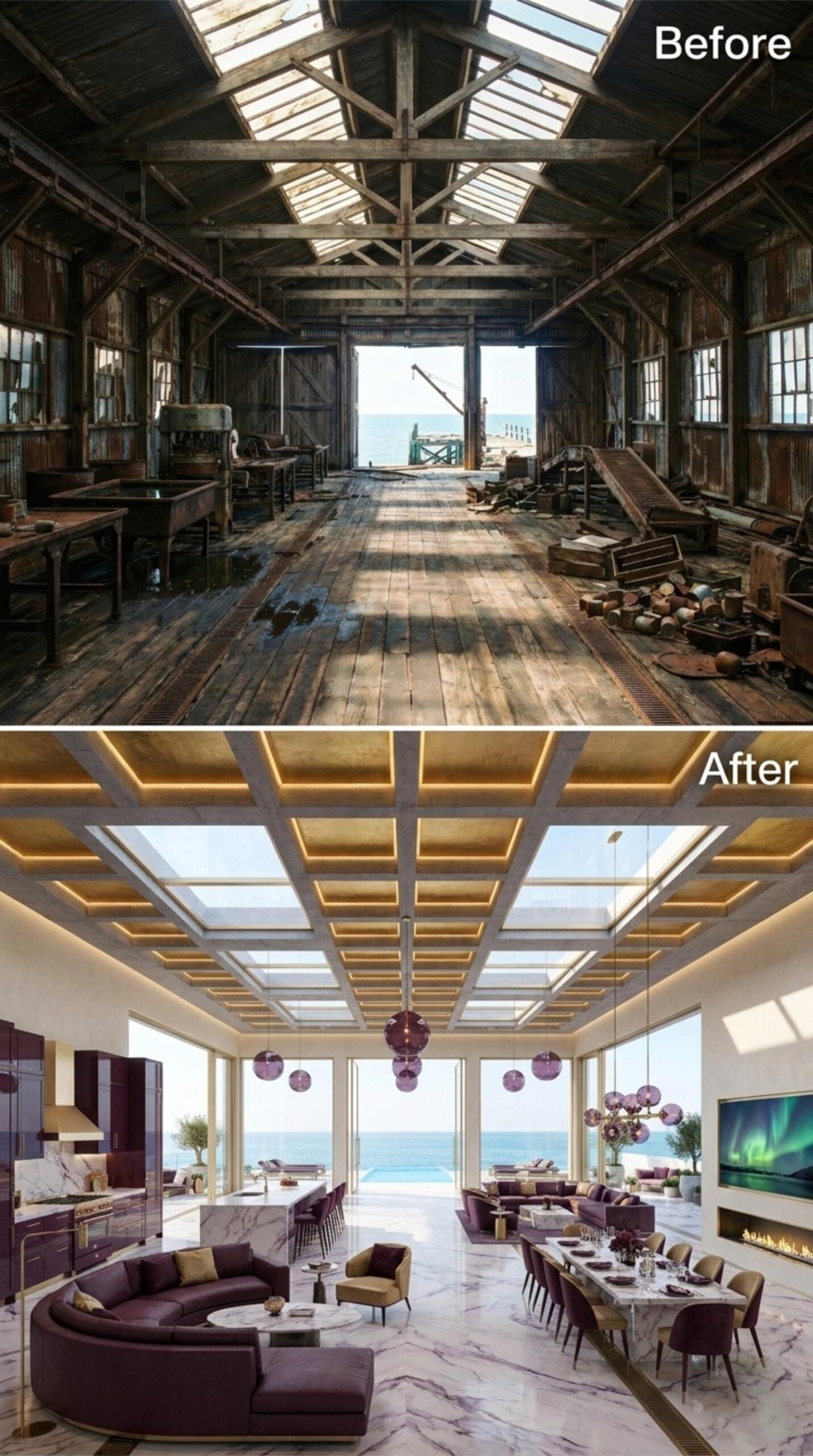 Gold Coffered Skylights, Purple Pendants, and Marble Where the Cannery Roof Held
