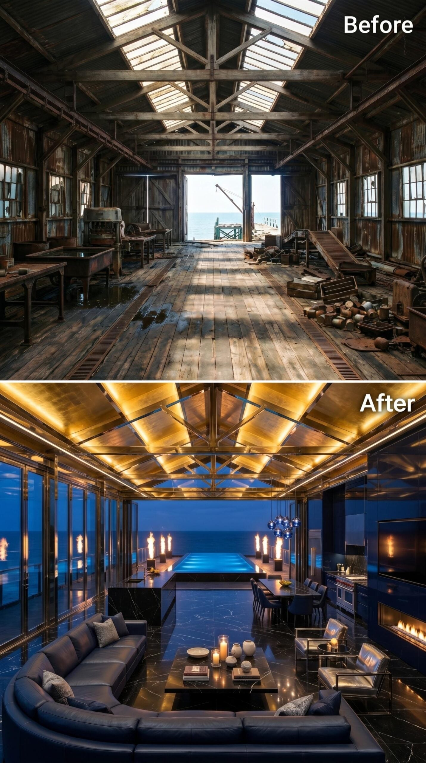 Gold-Lit Trusses and Black Marble Where Fish Crates Once Stacked