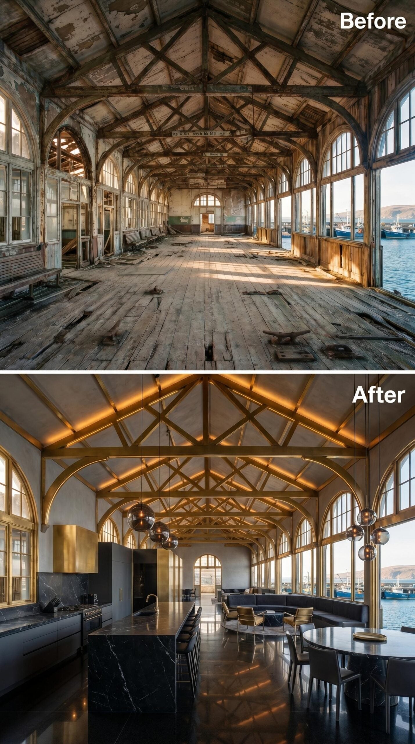 Gold Trusses, Black Marble, and Globe Pendants Floating Over a Harbor Hall