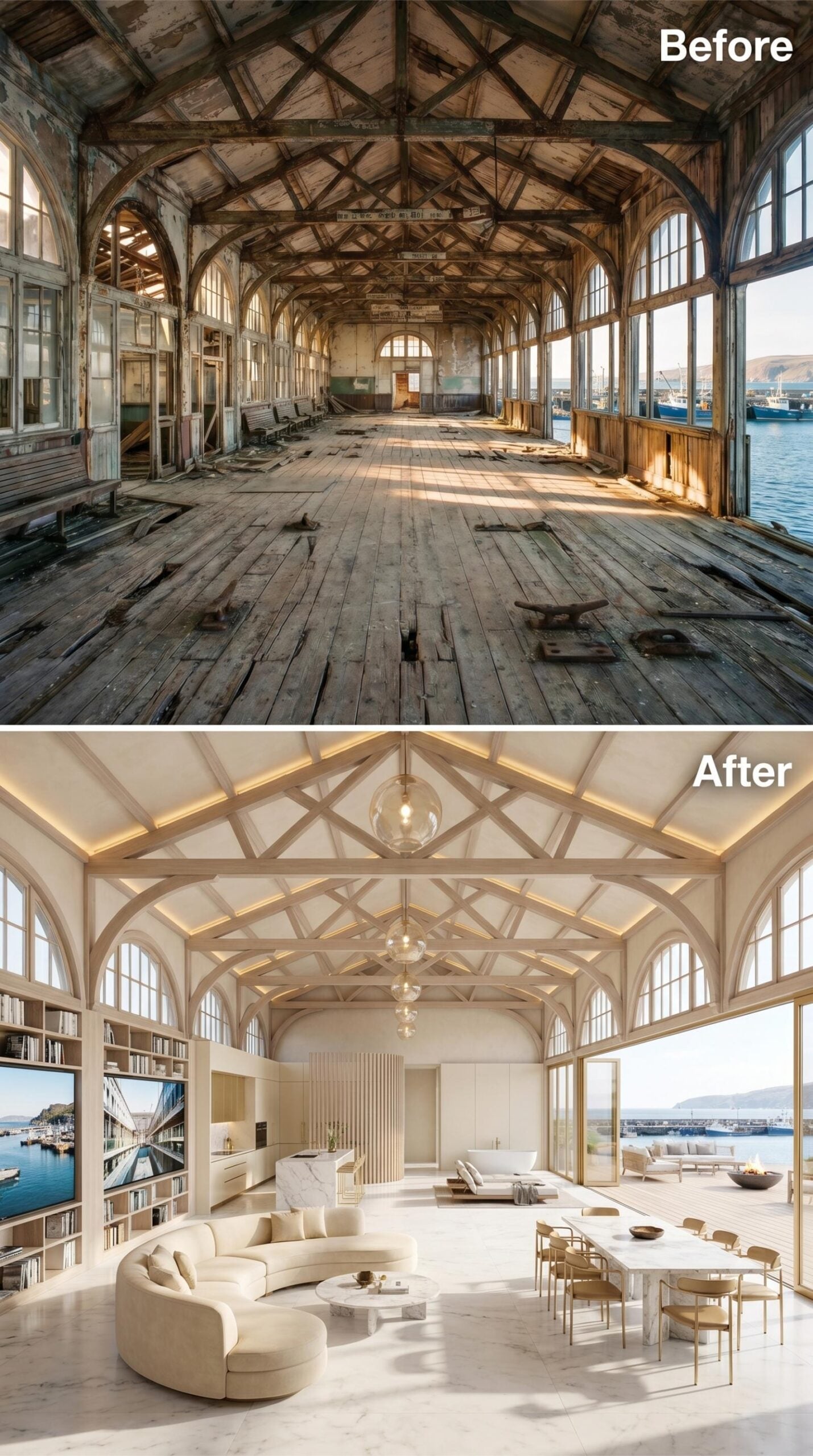 Ivory Trusses, a Curved Sofa, and Globe Pendants Over a Harbor-Facing Hall