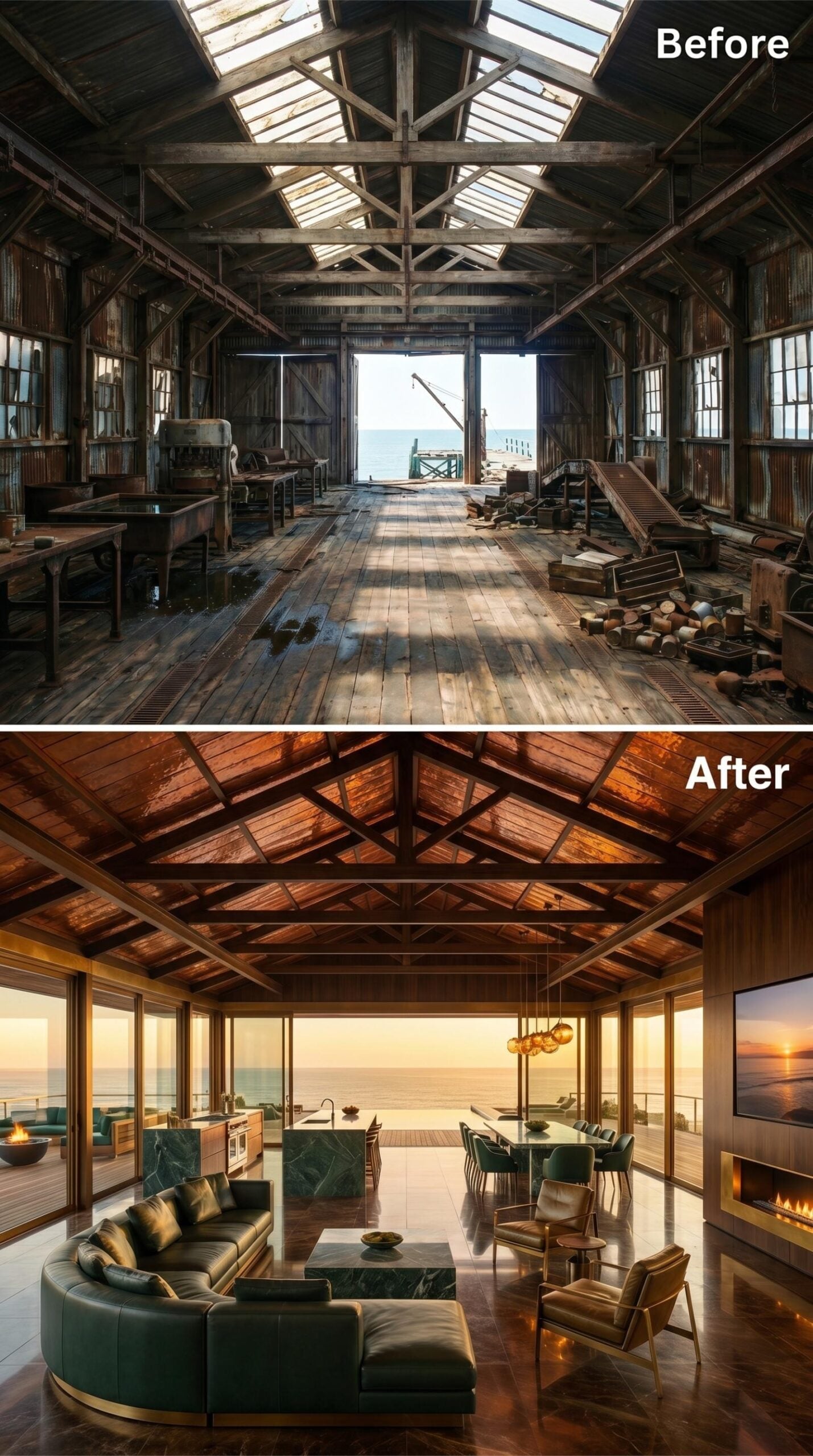 Leather, Marble, and Trusses Lit From Within on the Waterfront