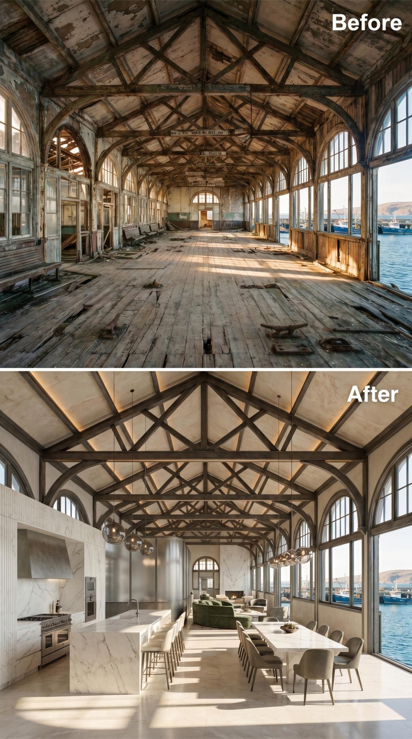 Marble Kitchen Island, Globe Pendants, and Trusses That Kept Their Bones