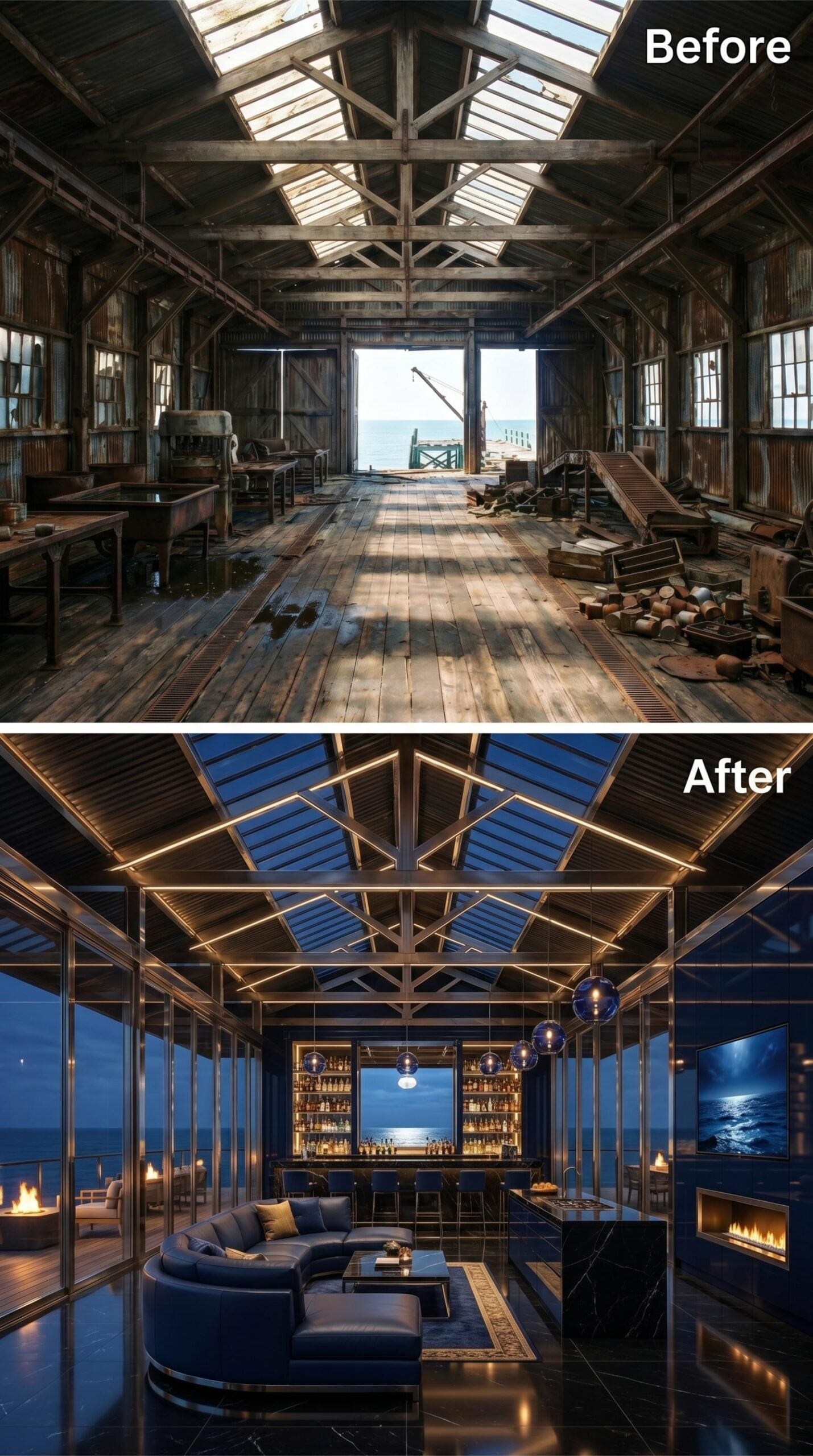 Midnight Blue Leather and Strip-Lit Trusses Over a Waterfront Bar
