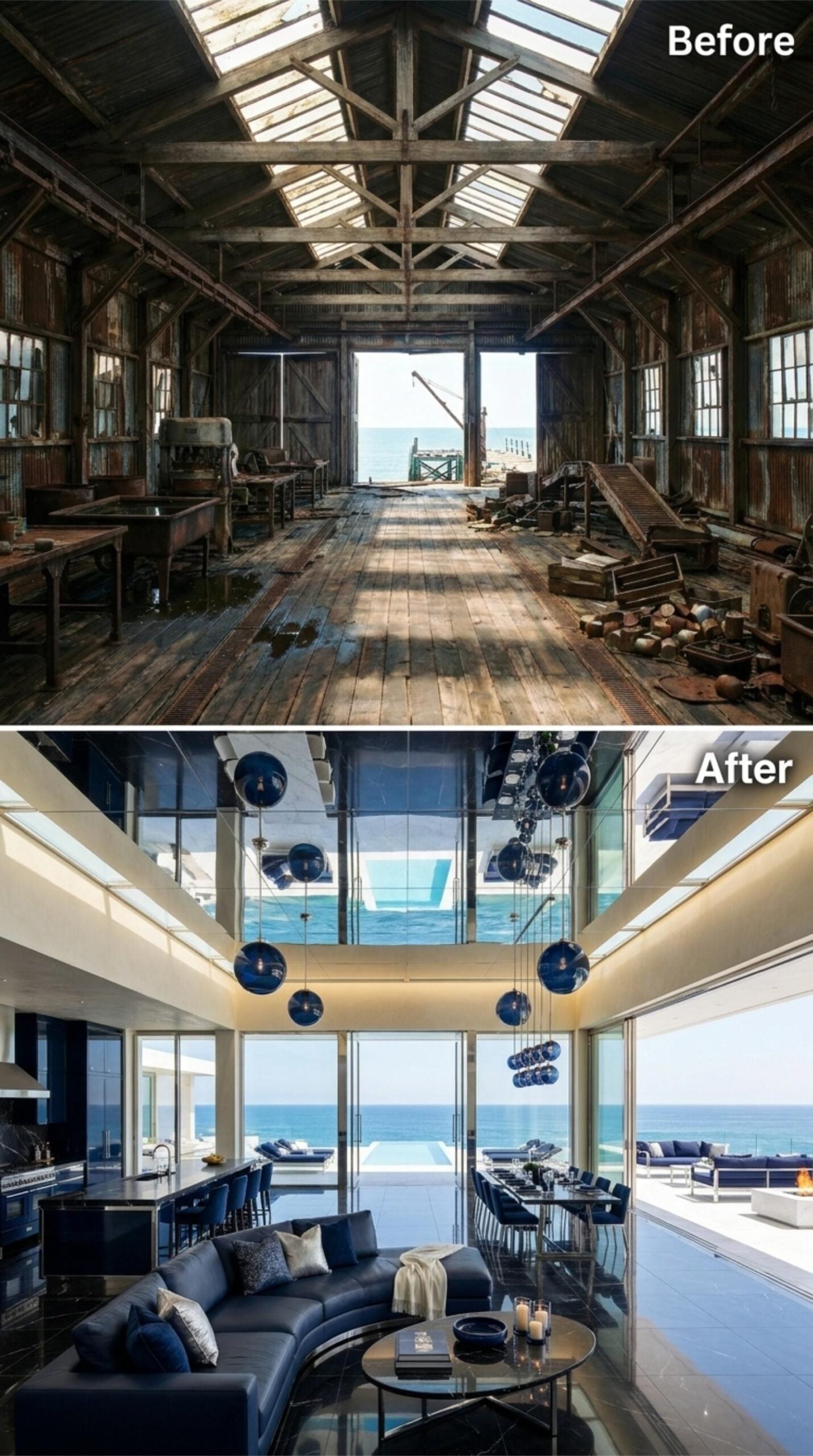 Navy Pendants, Infinity Glass, and Ocean Light Over a Cannery-Scale Living Room