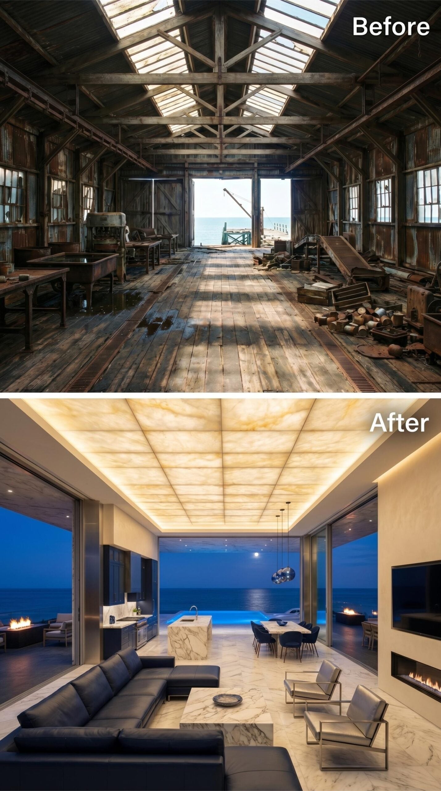 Onyx Ceiling Panels, Marble Floors, and Ocean Glass at the Edge of the Cannery Site