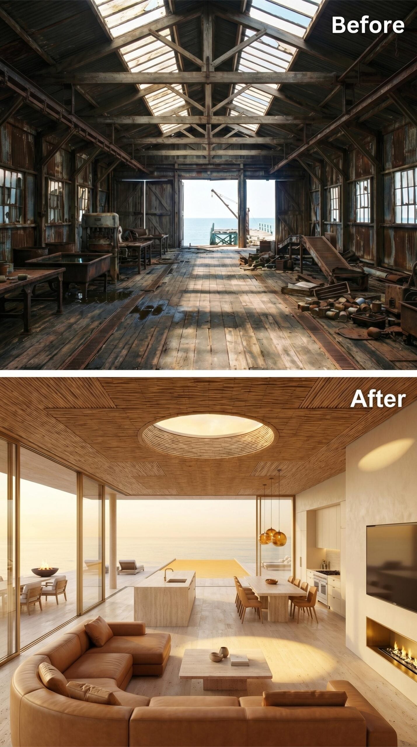 Oval Skylight, Slatted Timber Ceiling, and Ocean Glass Over a Leather Living Room