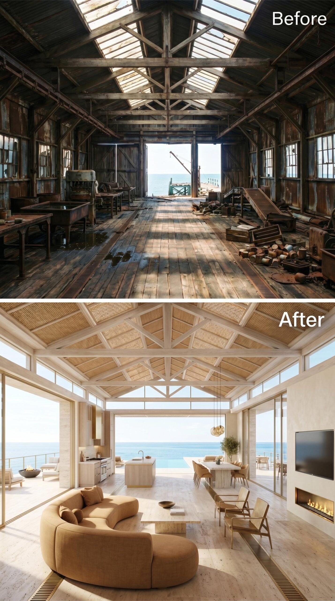 Pale Oak Trusses and an Ocean Wall Where the Loading Doors Stood
