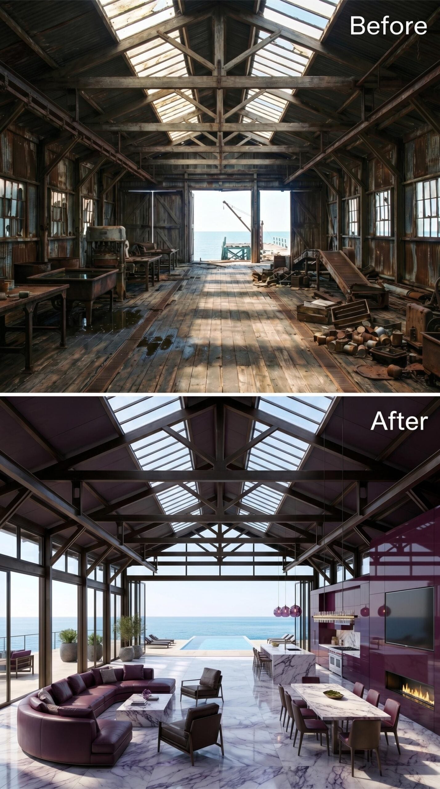 Purple, Marble, and Open Sky Inside Cannery Steel