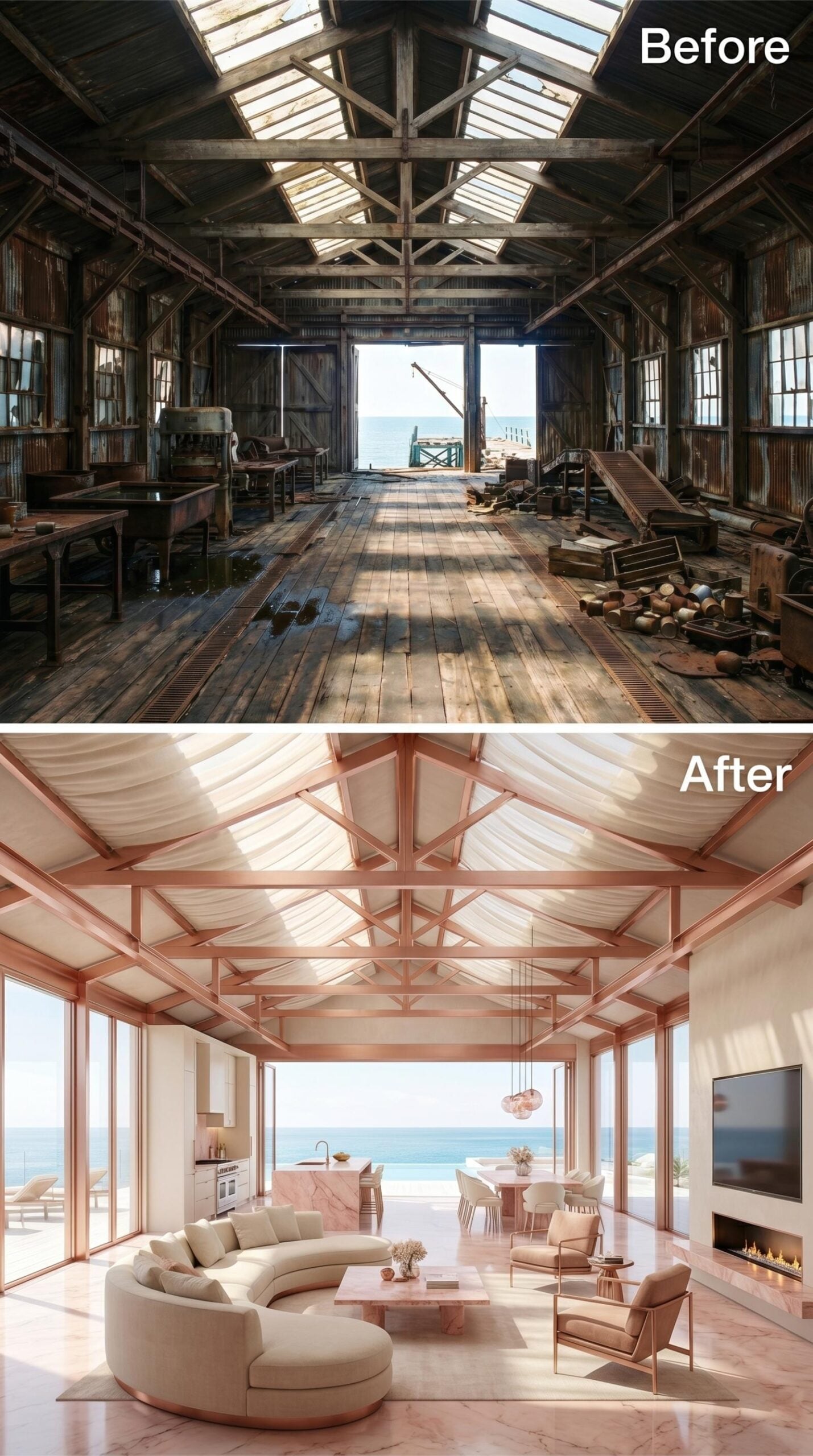 Rose Oak Trusses and Marble Light Where the Cannery Roof Held