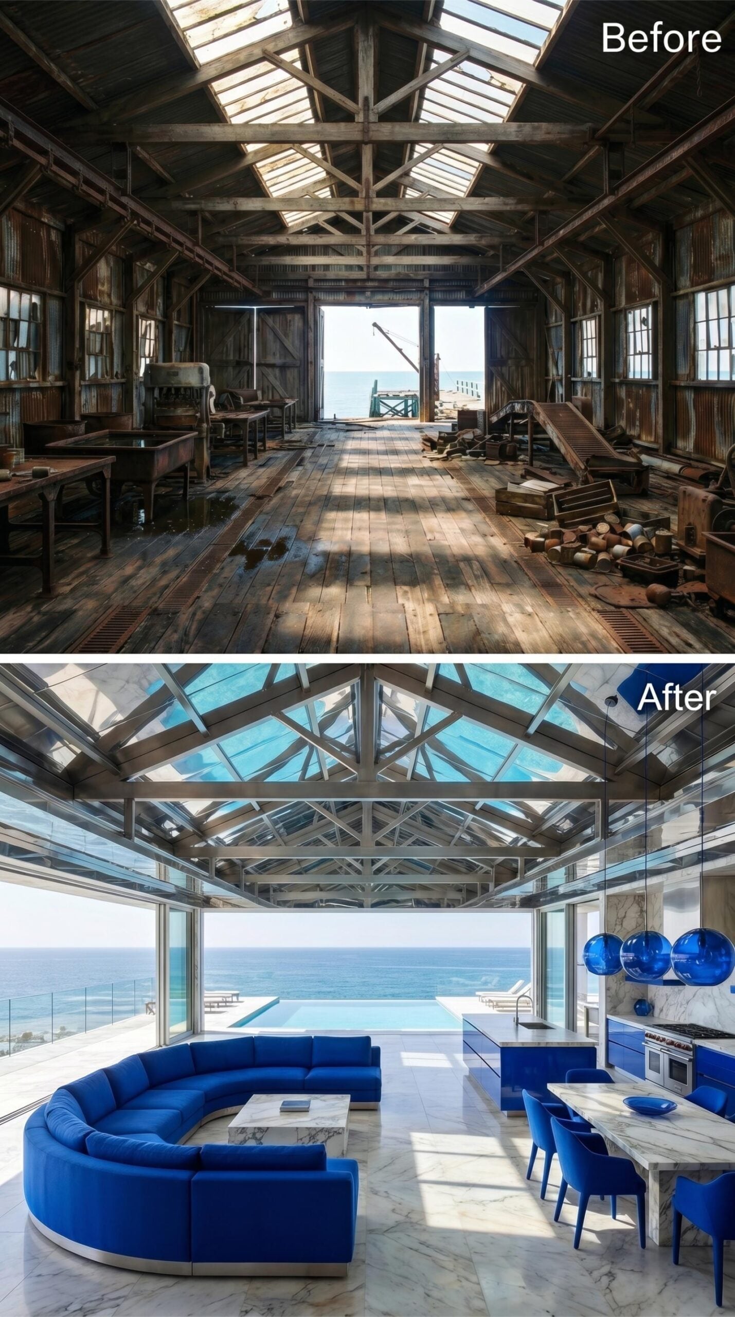 Royal Blue Velvet and Marble Inside Steel-Framed Cannery Walls