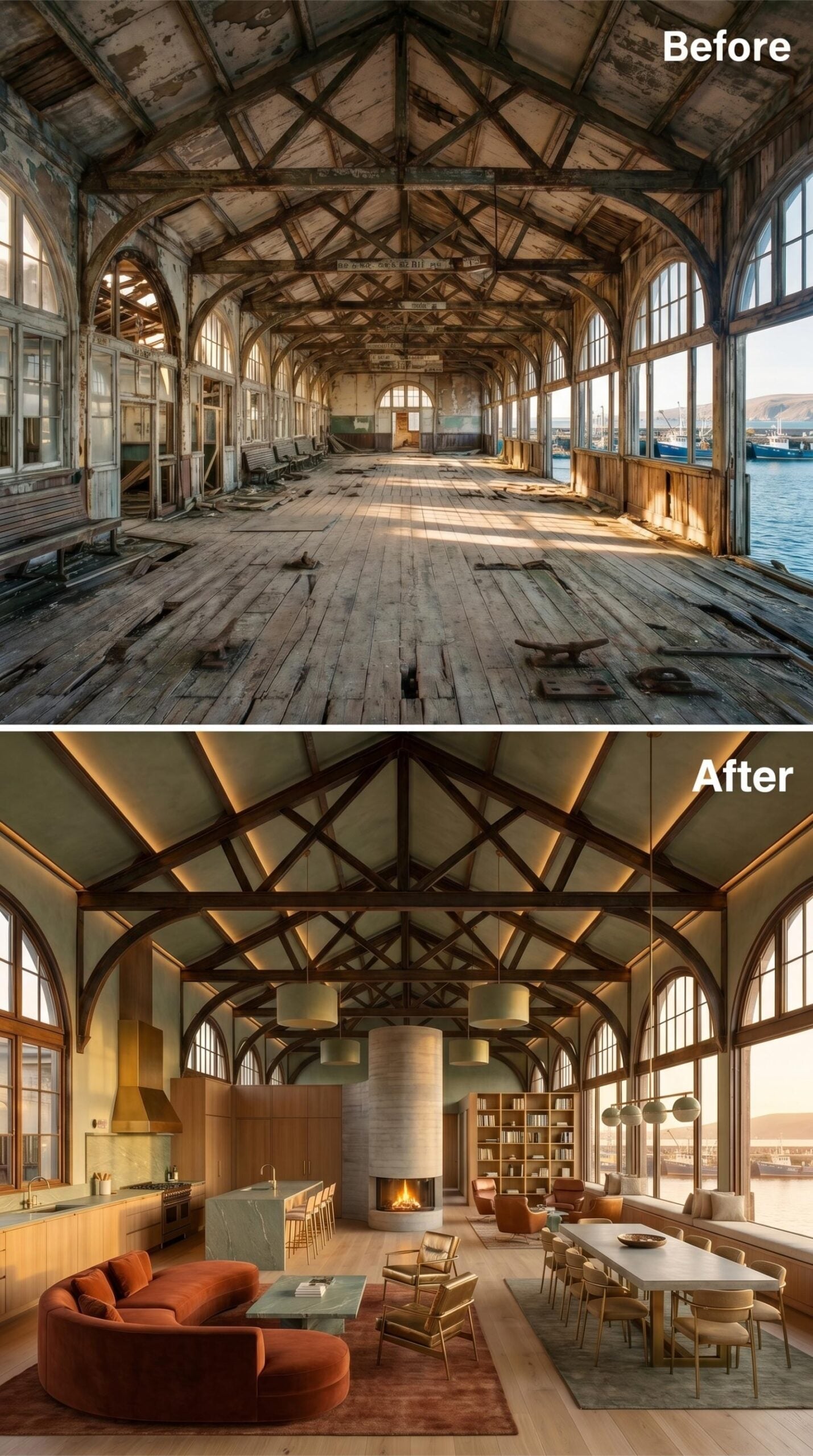 Rust Velvet, a Cylindrical Fireplace, and Trusses Lit From Above a Harbor Hall