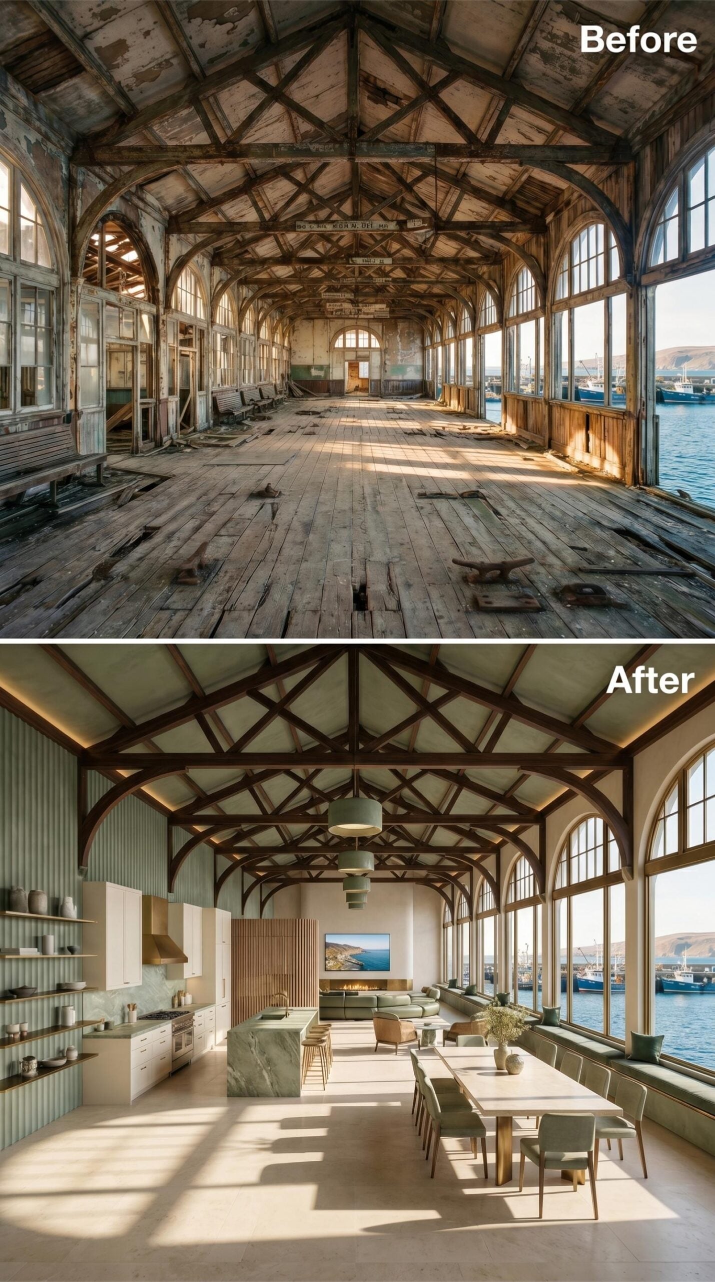 Sage Green Panels, Marble Island, and Trusses That Catch the Harbor Light