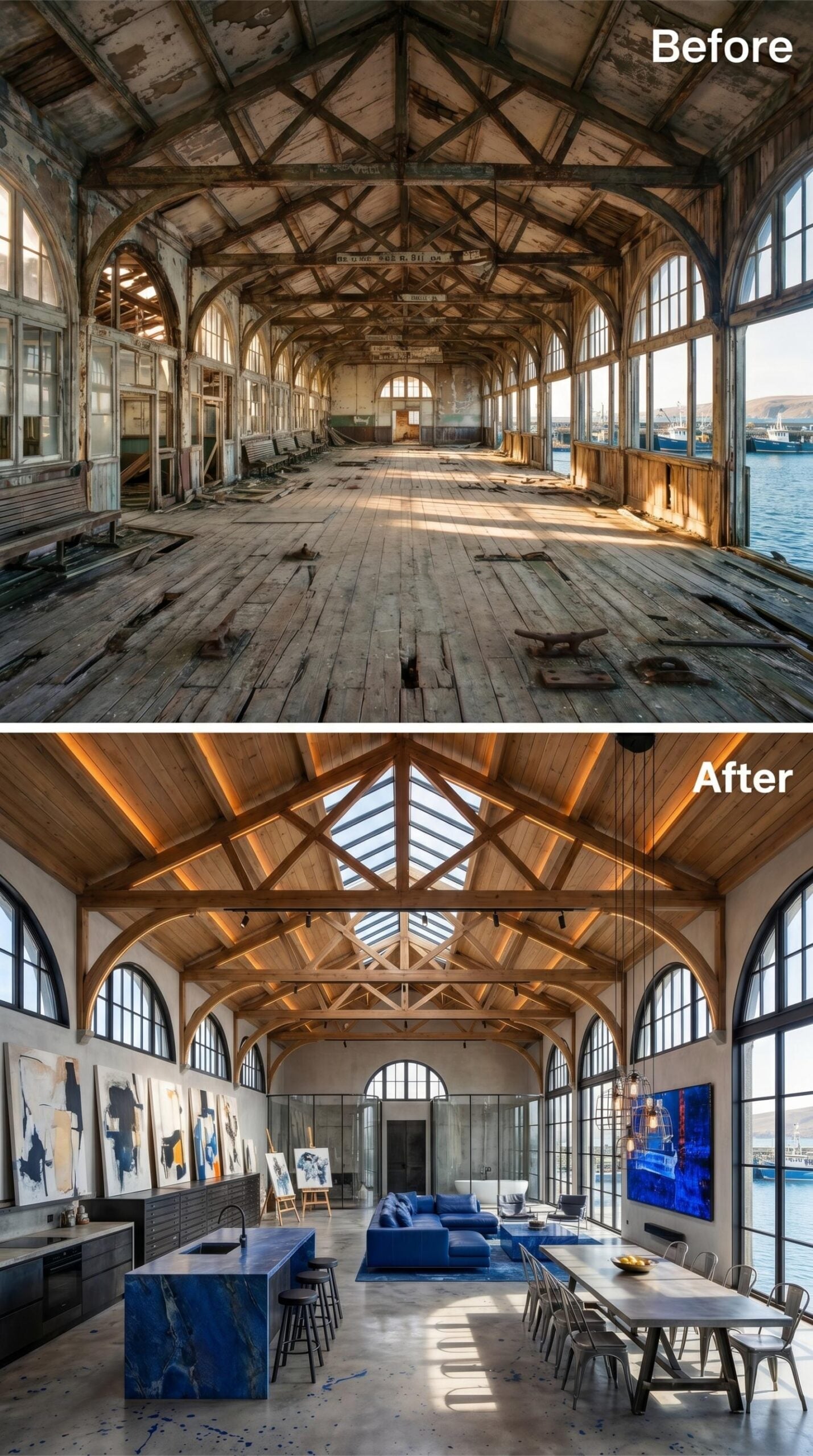 Salvaged Timber Trusses, a Blue Lapis Island, and Harbor Light Flooding In